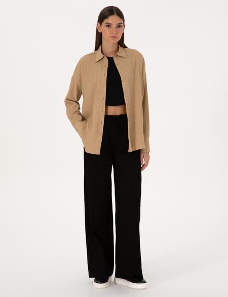 Koyu Bej Oversize Uzun Kollu Gömlek - 50318232032