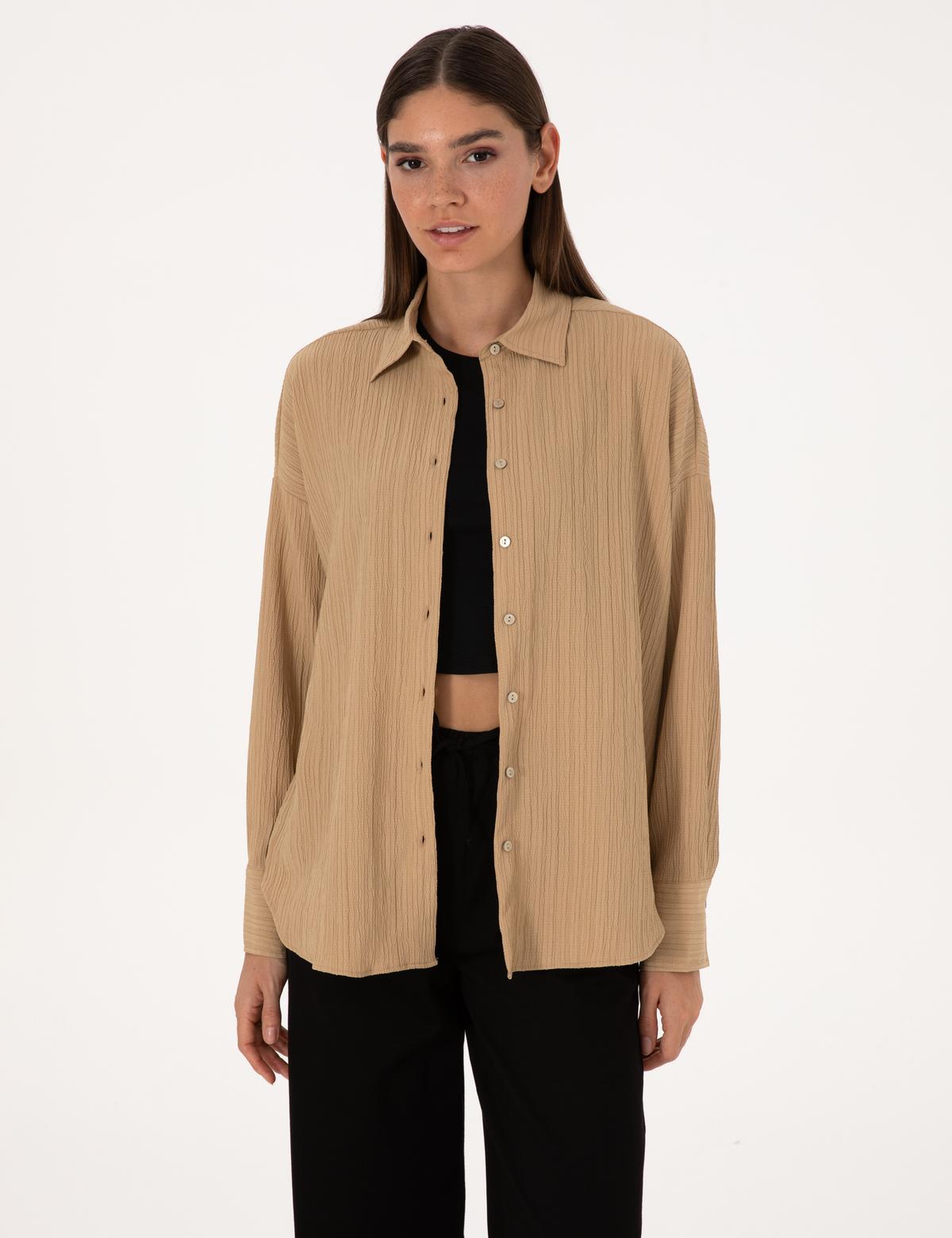 Koyu Bej Oversize Uzun Kollu Gömlek - 50318232032
