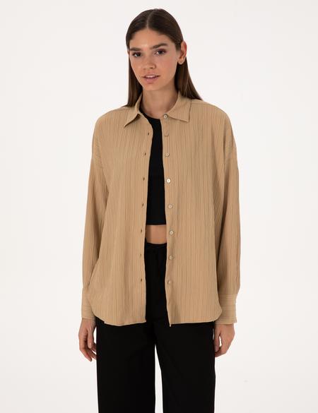 Koyu Bej Oversize Uzun Kollu Gömlek - 50318232032