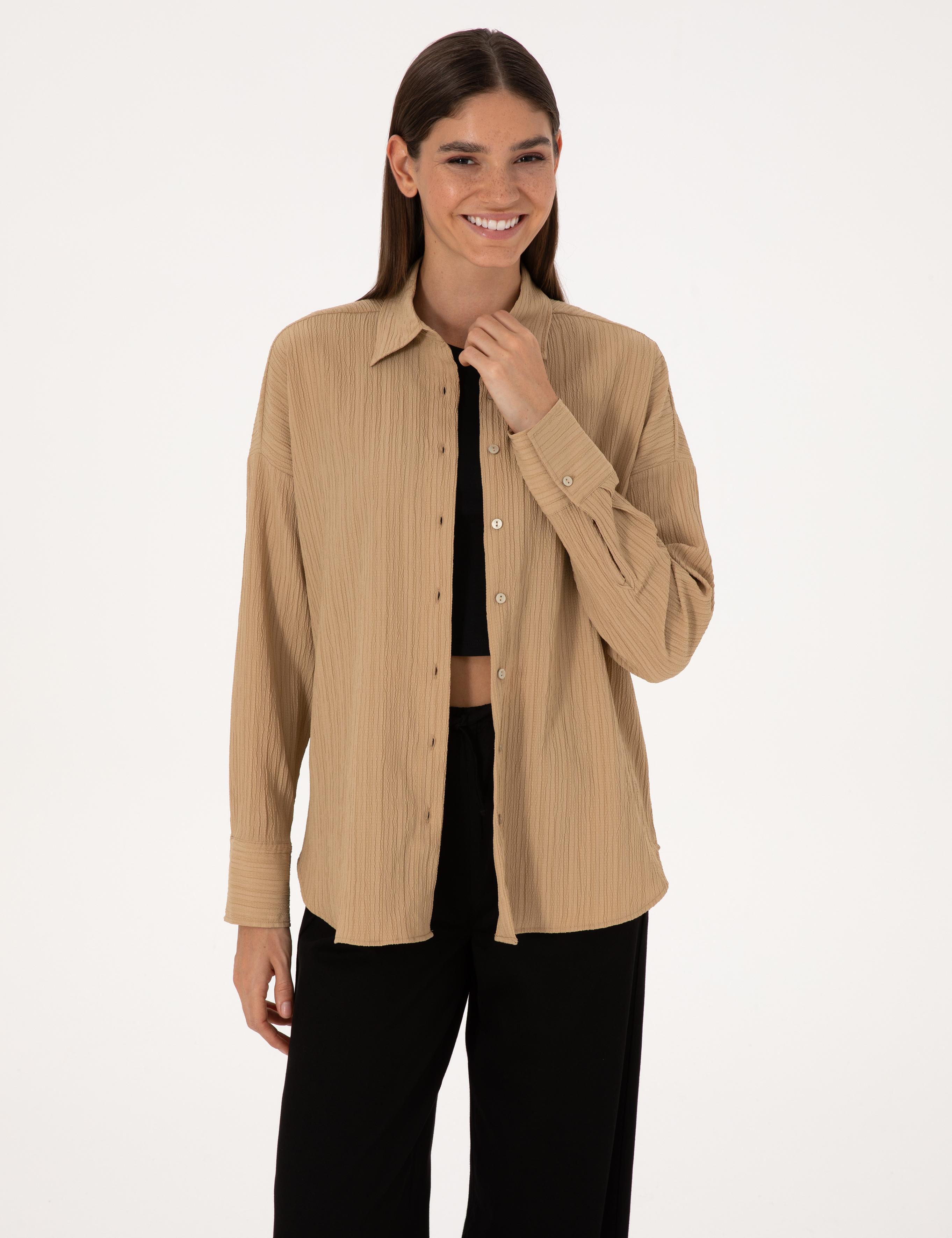 Koyu Bej Oversize Uzun Kollu Gömlek