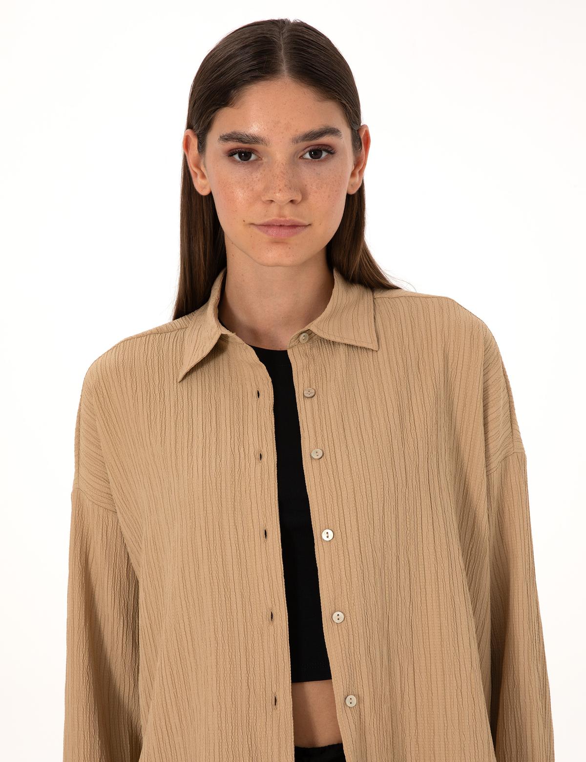 Koyu Bej Oversize Uzun Kollu Gömlek - 50318232032