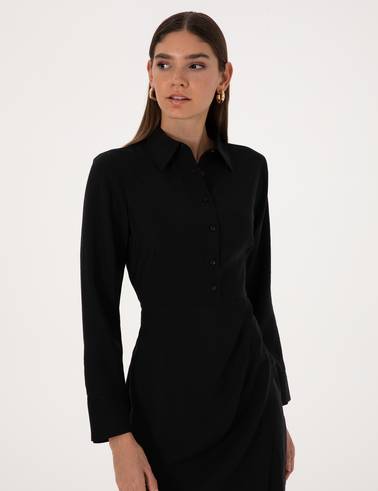 Siyah Regular Fit Dokuma Elbise