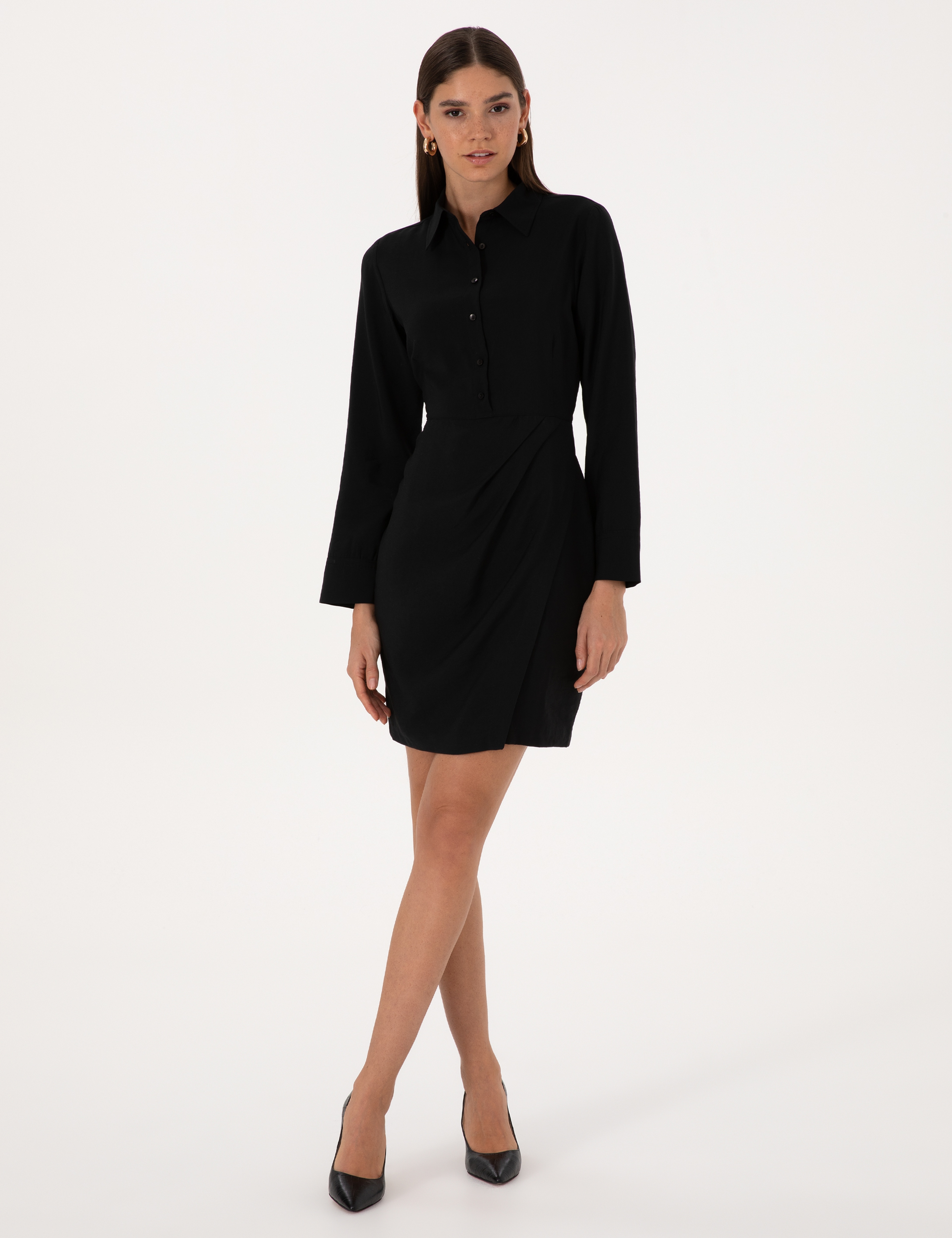 Siyah Regular Fit Dokuma Elbise - Image 1