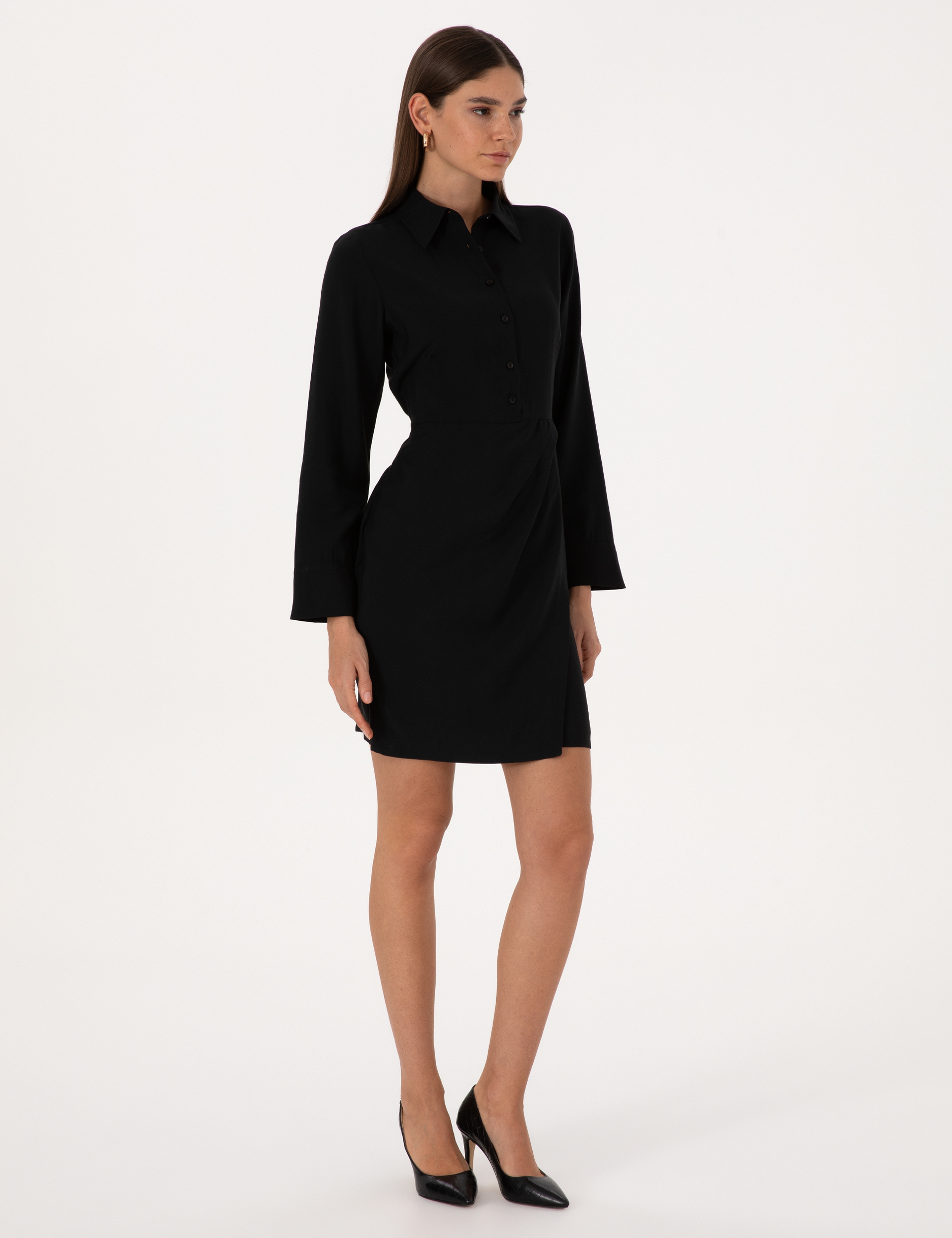 Siyah Regular Fit Dokuma Elbise - Image 3