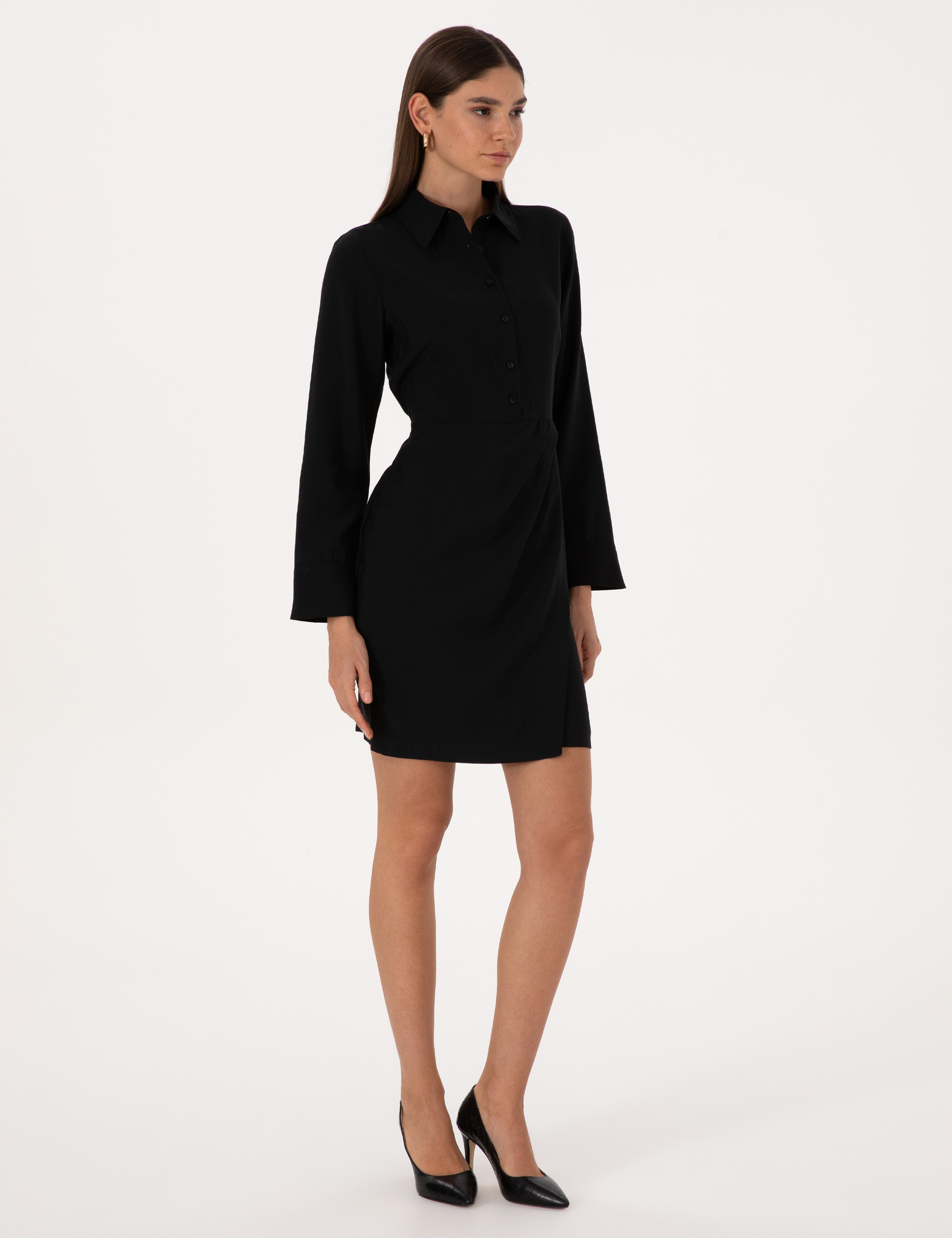 Siyah Regular Fit Dokuma Elbise