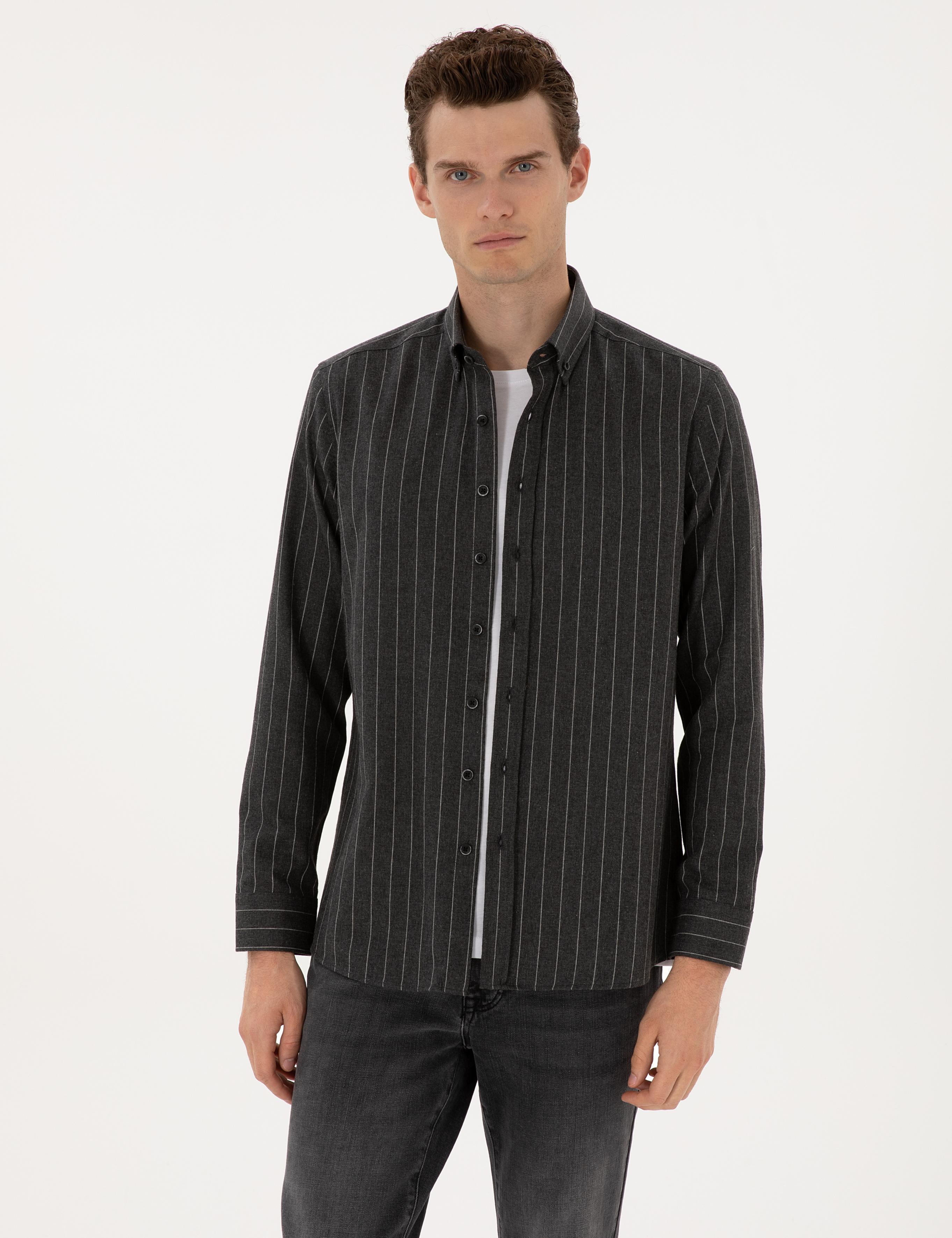 Antrasit Çizgili Regular Fit Uzun Kollu Gömlek
