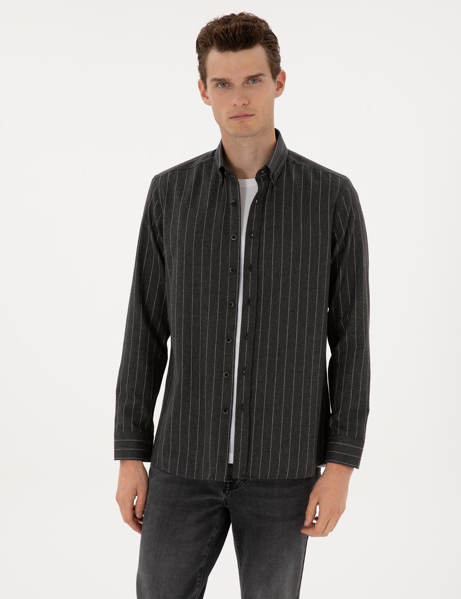 Antrasit Çizgili Regular Fit Uzun Kollu Gömlek