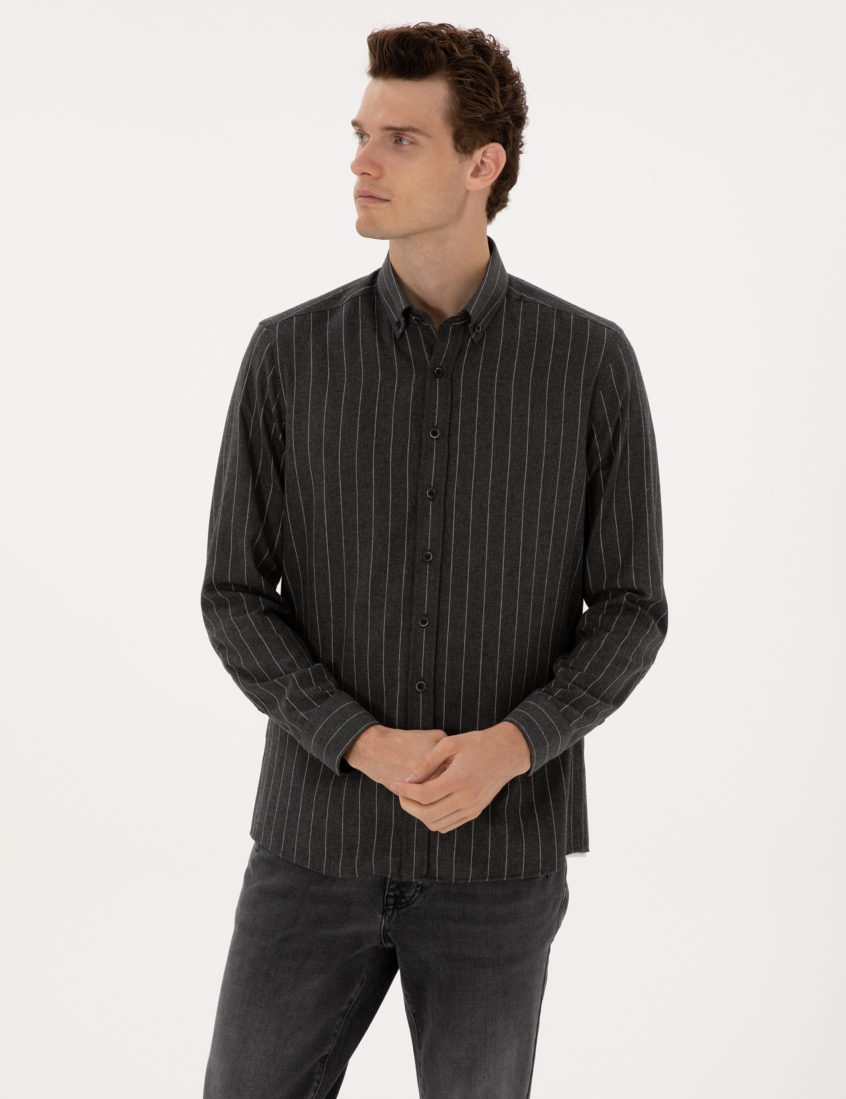 Antrasit Çizgili Regular Fit Uzun Kollu Gömlek