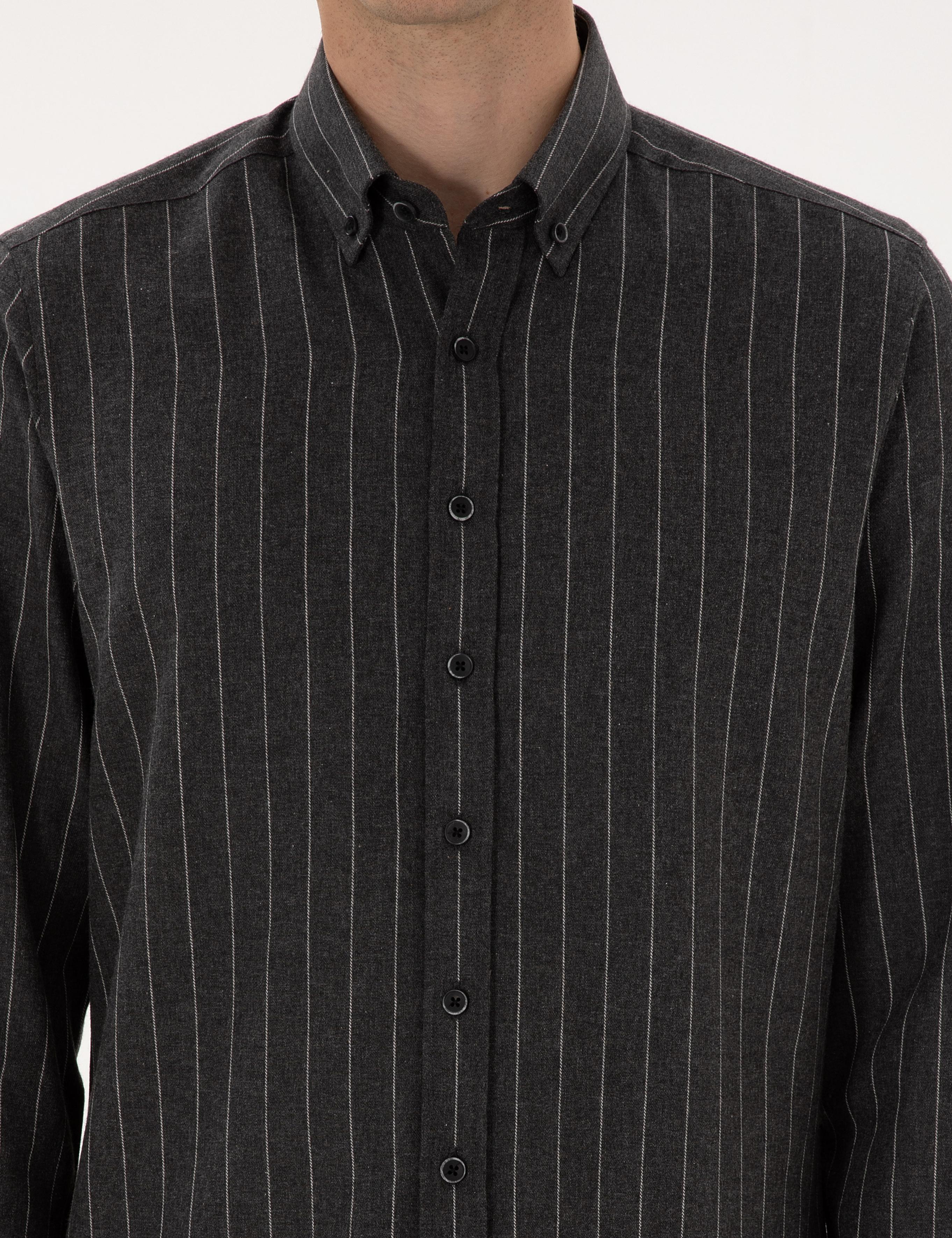 Antrasit Çizgili Regular Fit Uzun Kollu Gömlek