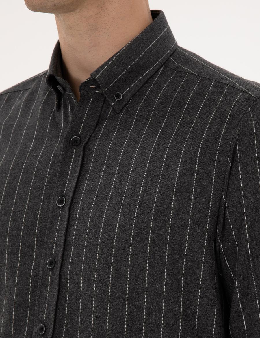 Antrasit Çizgili Regular Fit Uzun Kollu Gömlek