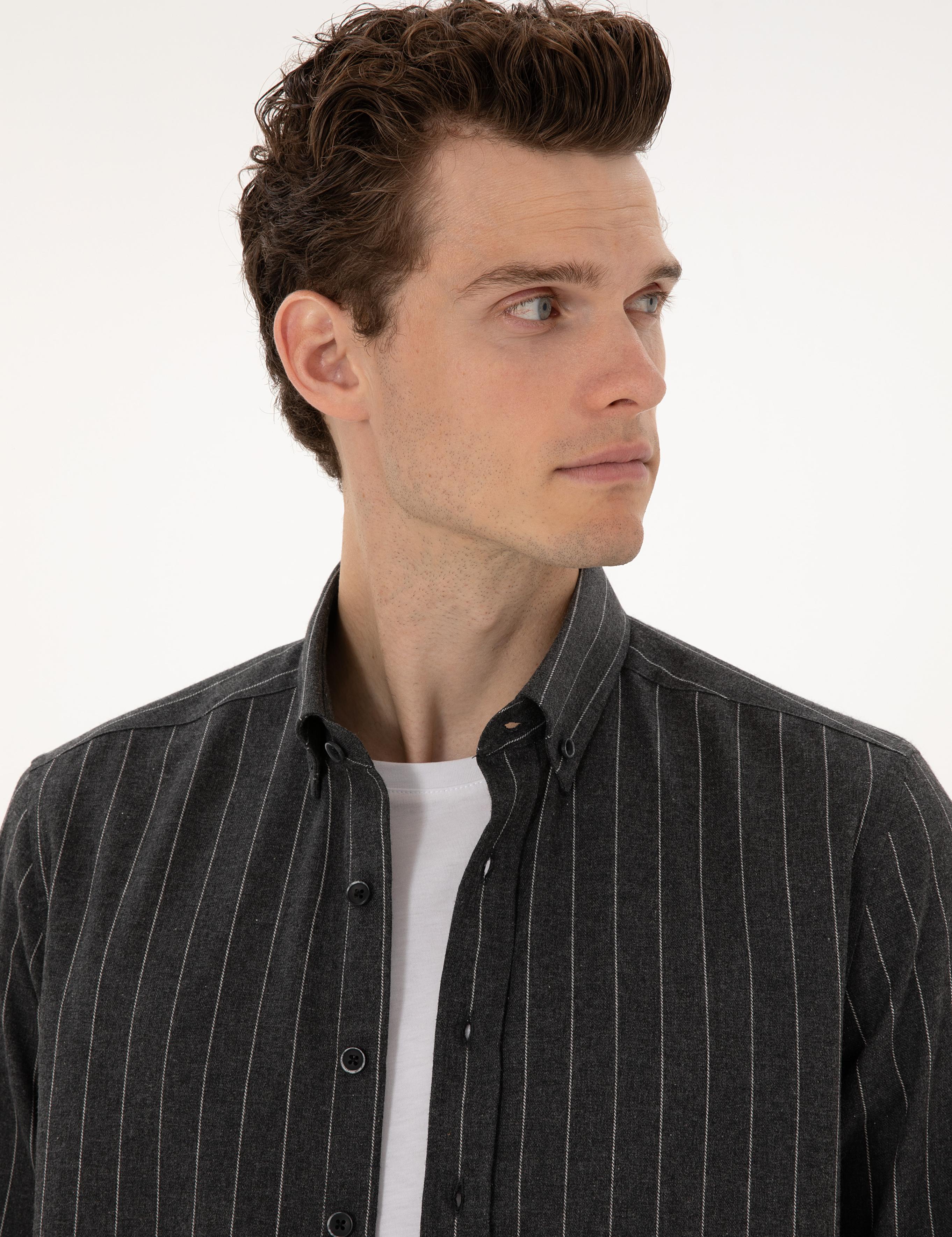 Antrasit Çizgili Regular Fit Uzun Kollu Gömlek