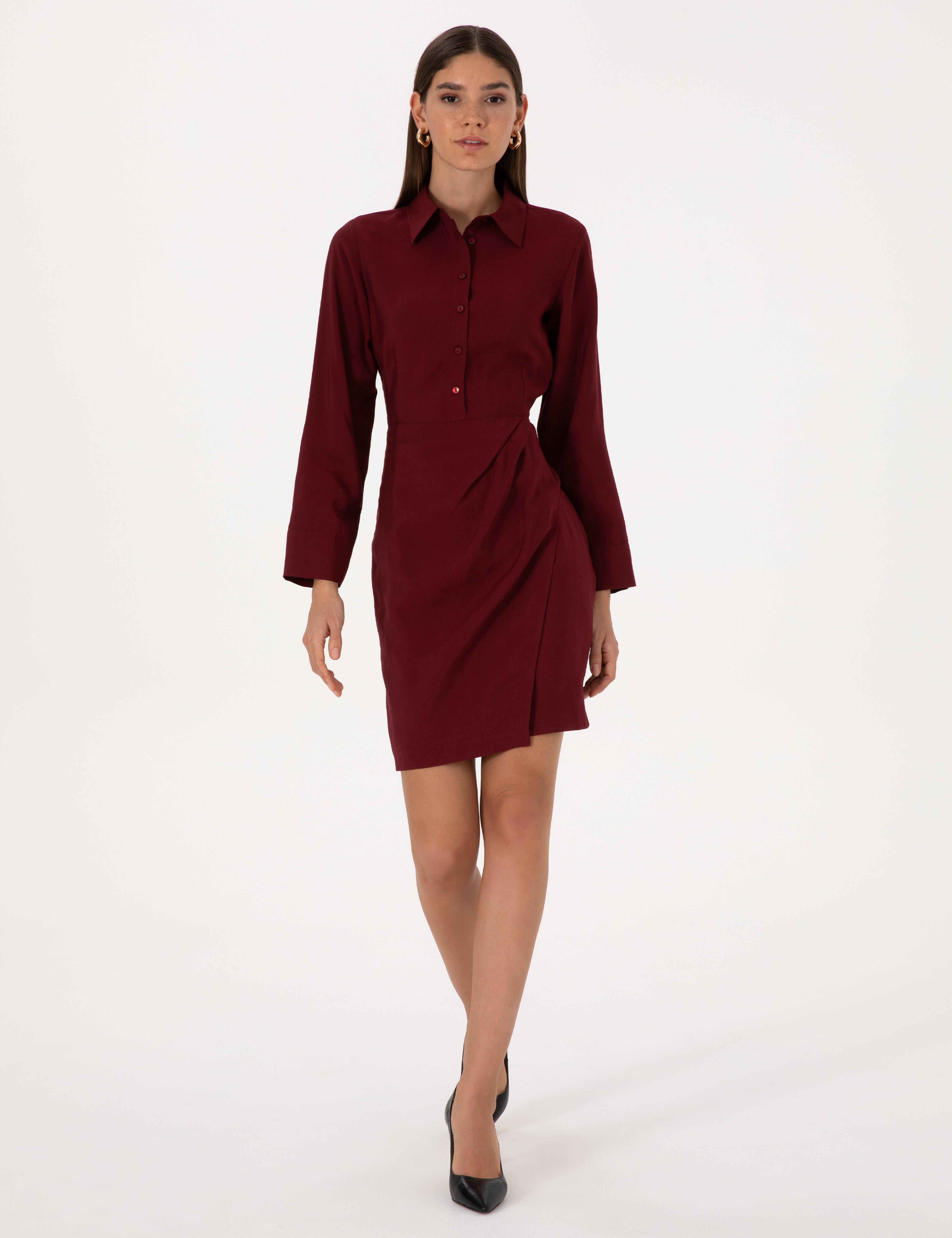 Bordo Regular Fit Dokuma Elbise - Image 1