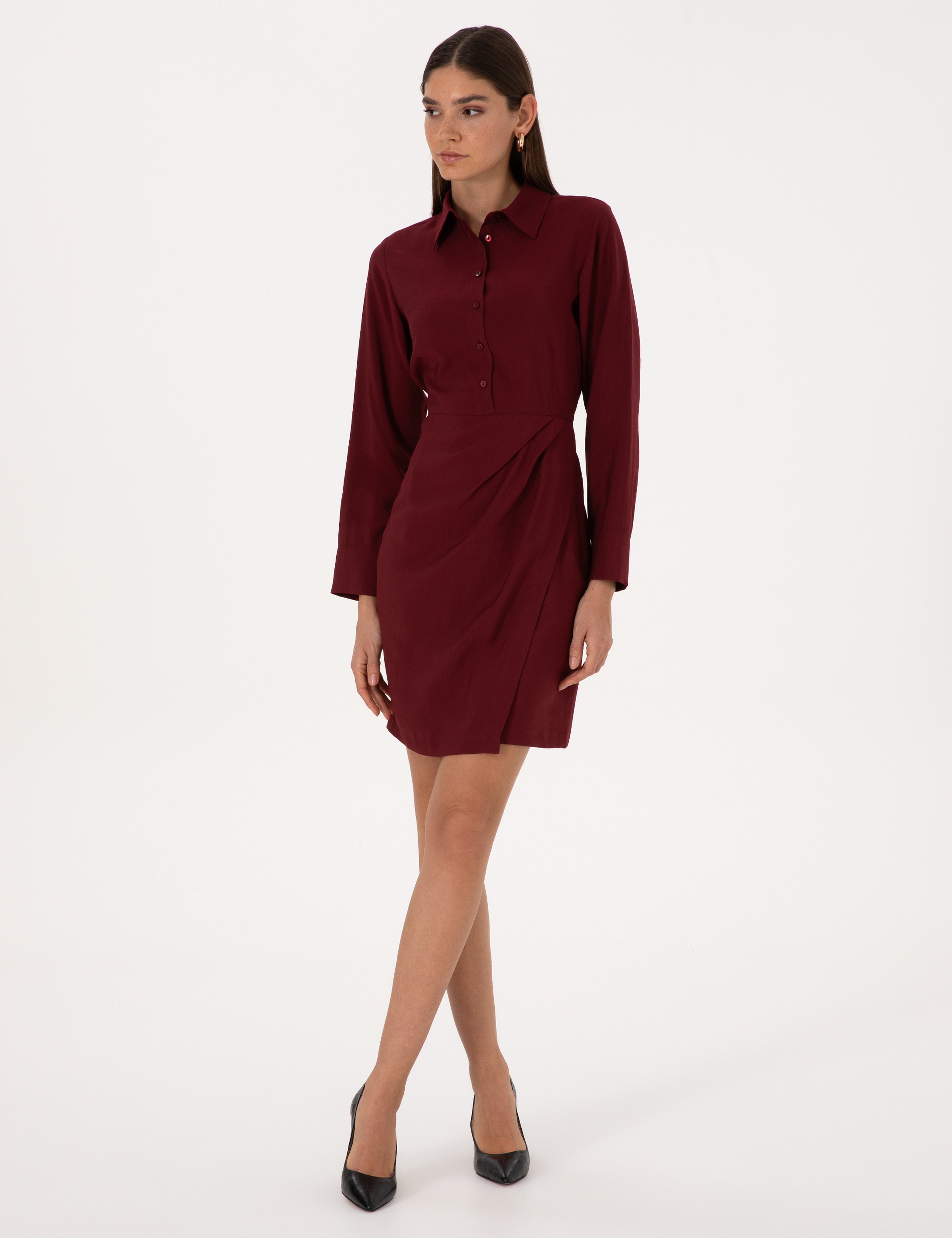 Bordo Regular Fit Dokuma Elbise - Image 3