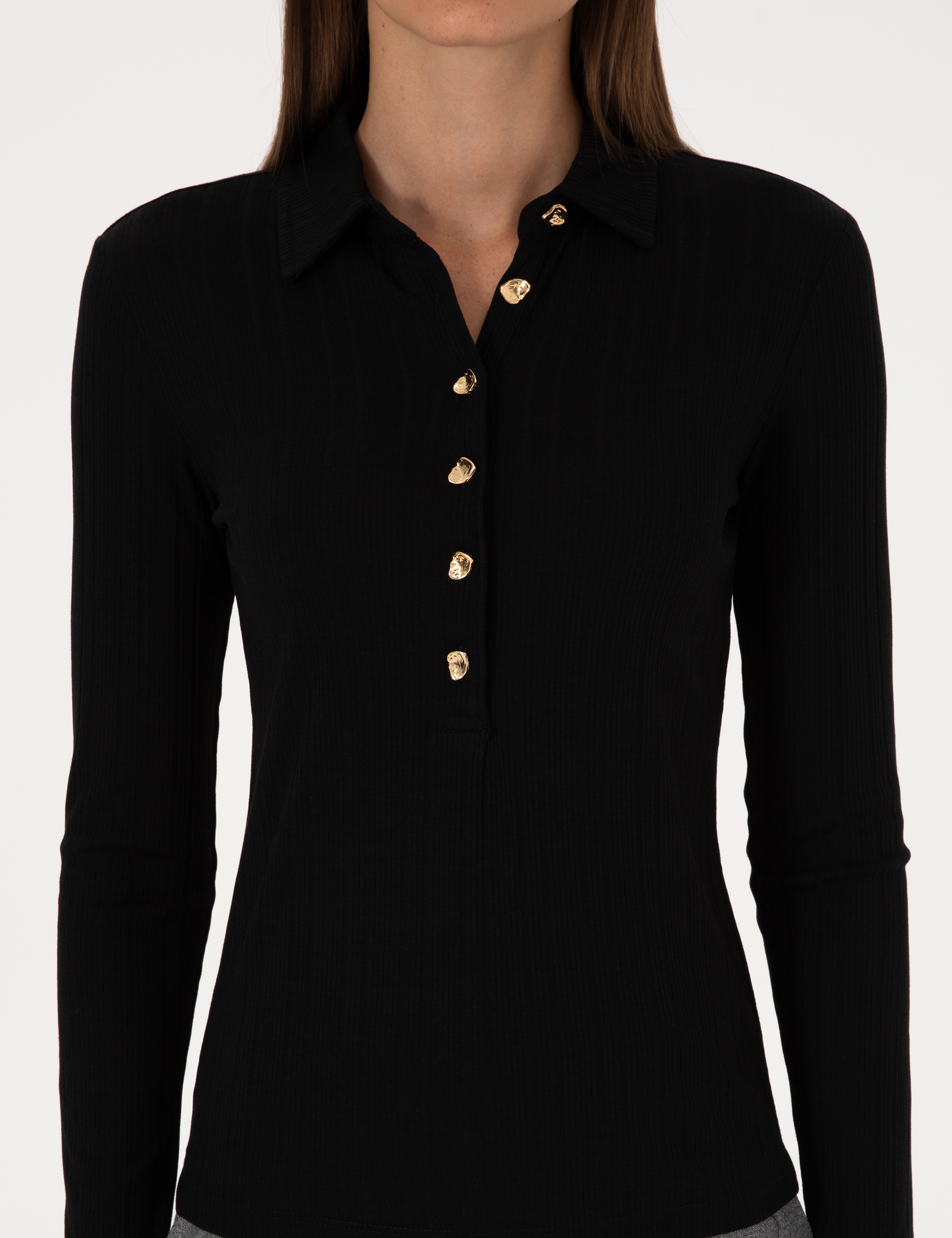 Siyah Slim Fit Örme Bluz - Image 6