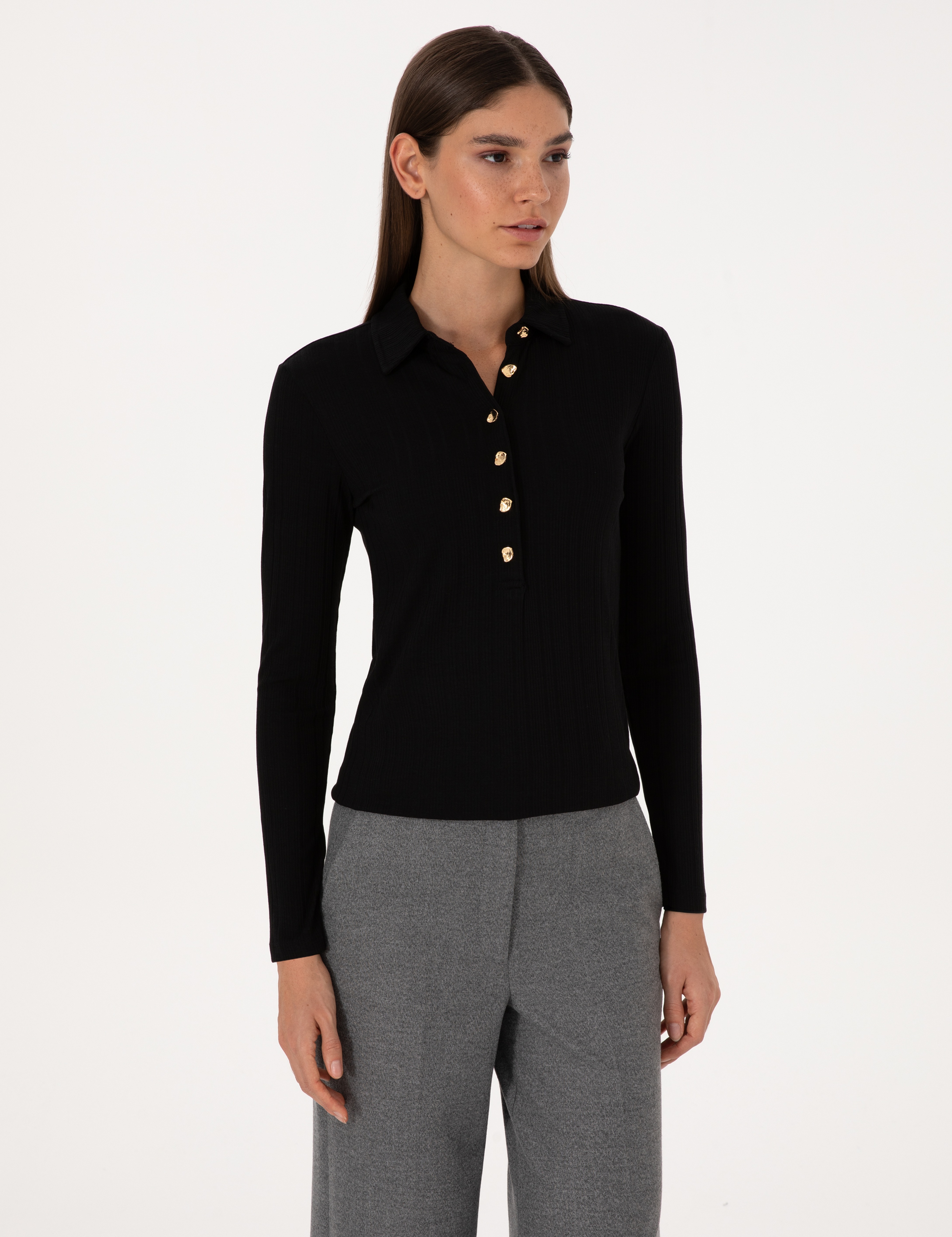 Siyah Slim Fit Örme Bluz - Image 3