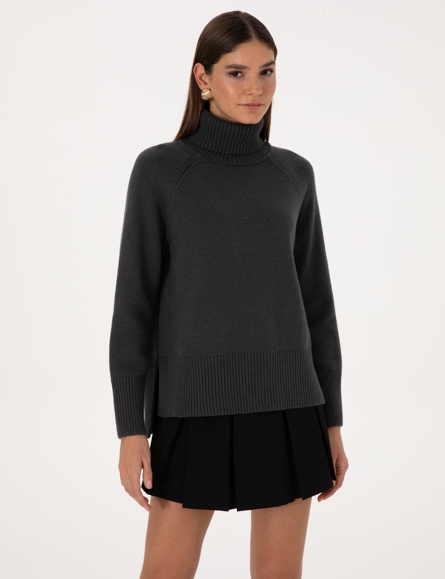 Antrasit Comfort Fit Yün Karışımlı Balıkçı Yaka Kazak