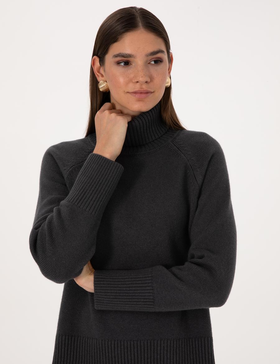 Antrasit Comfort Fit Yün Karışımlı Balıkçı Yaka Kazak