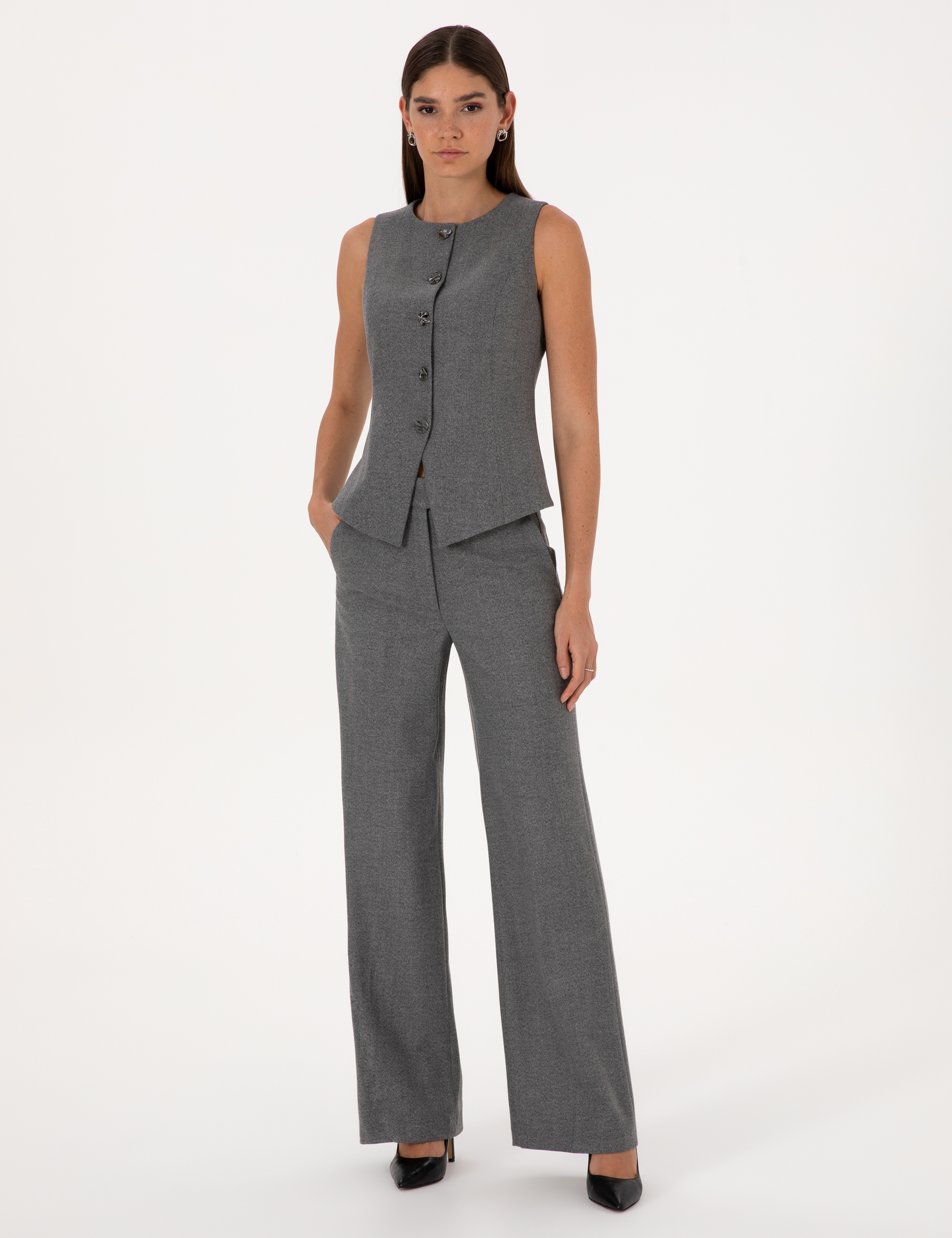 Gri Melanj Slim Fit Yelek