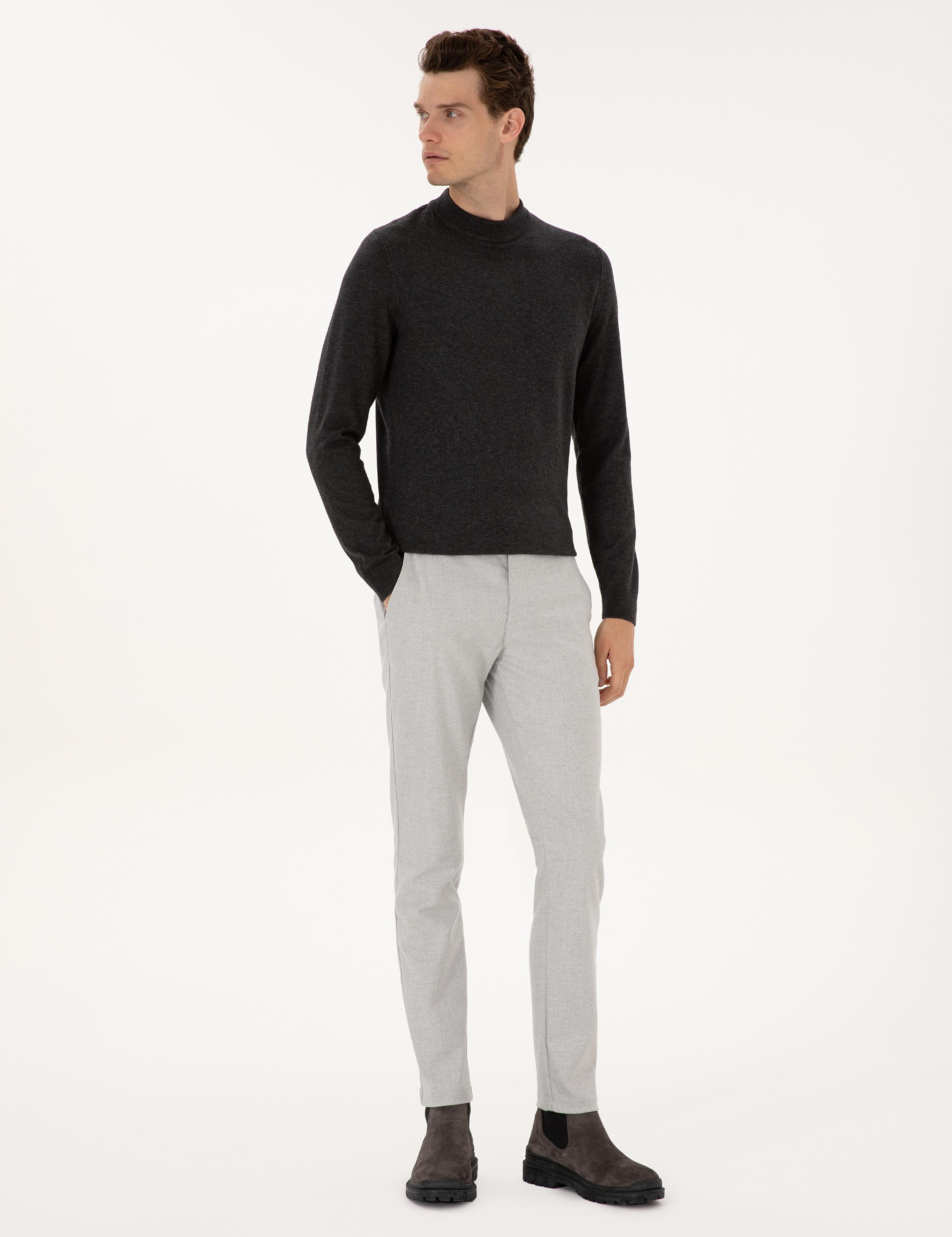 Gri Slim Fit Beli Lastikli Kanvas Pantolon