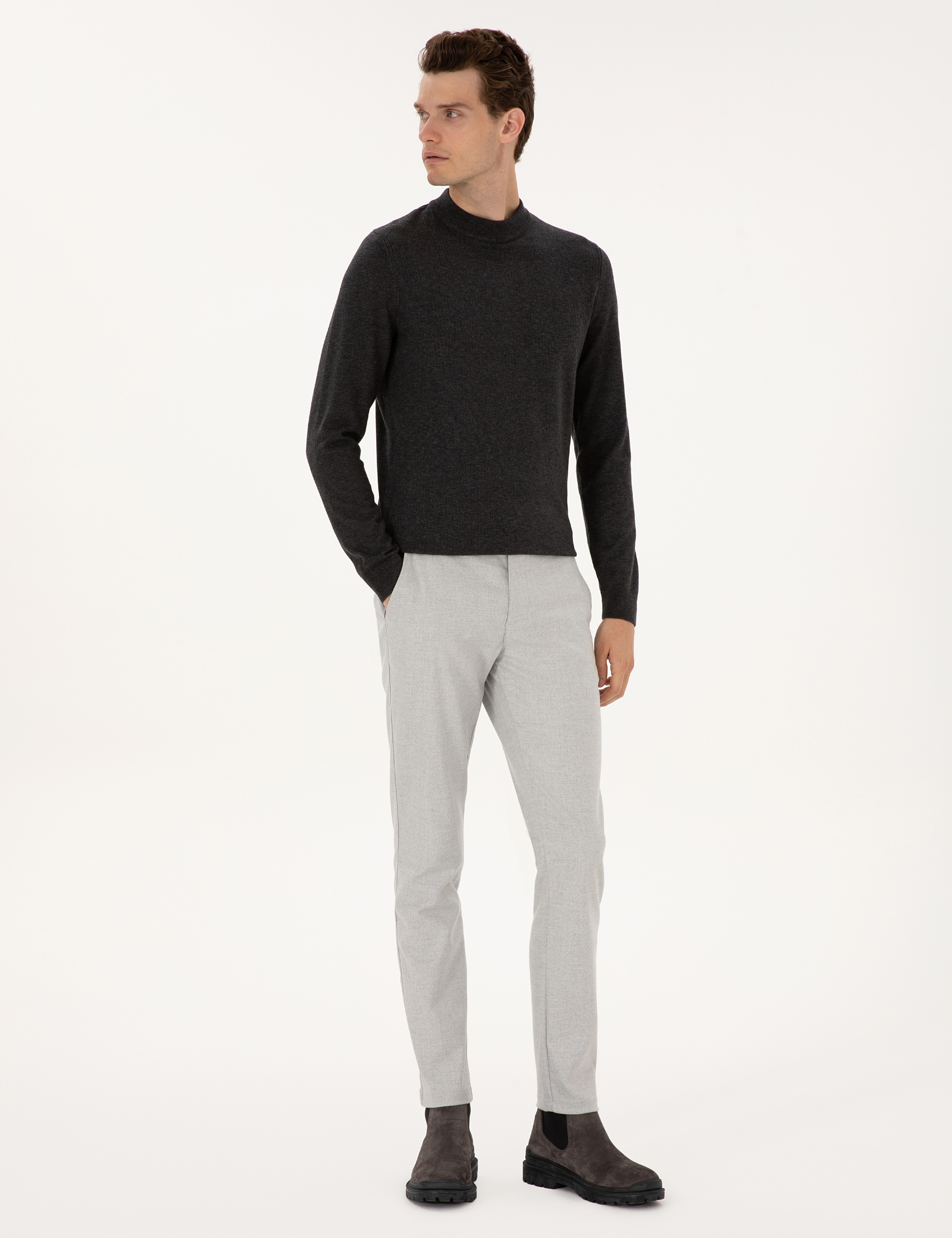 Gri Slim Fit Beli Lastikli Kanvas Pantolon - Image 3