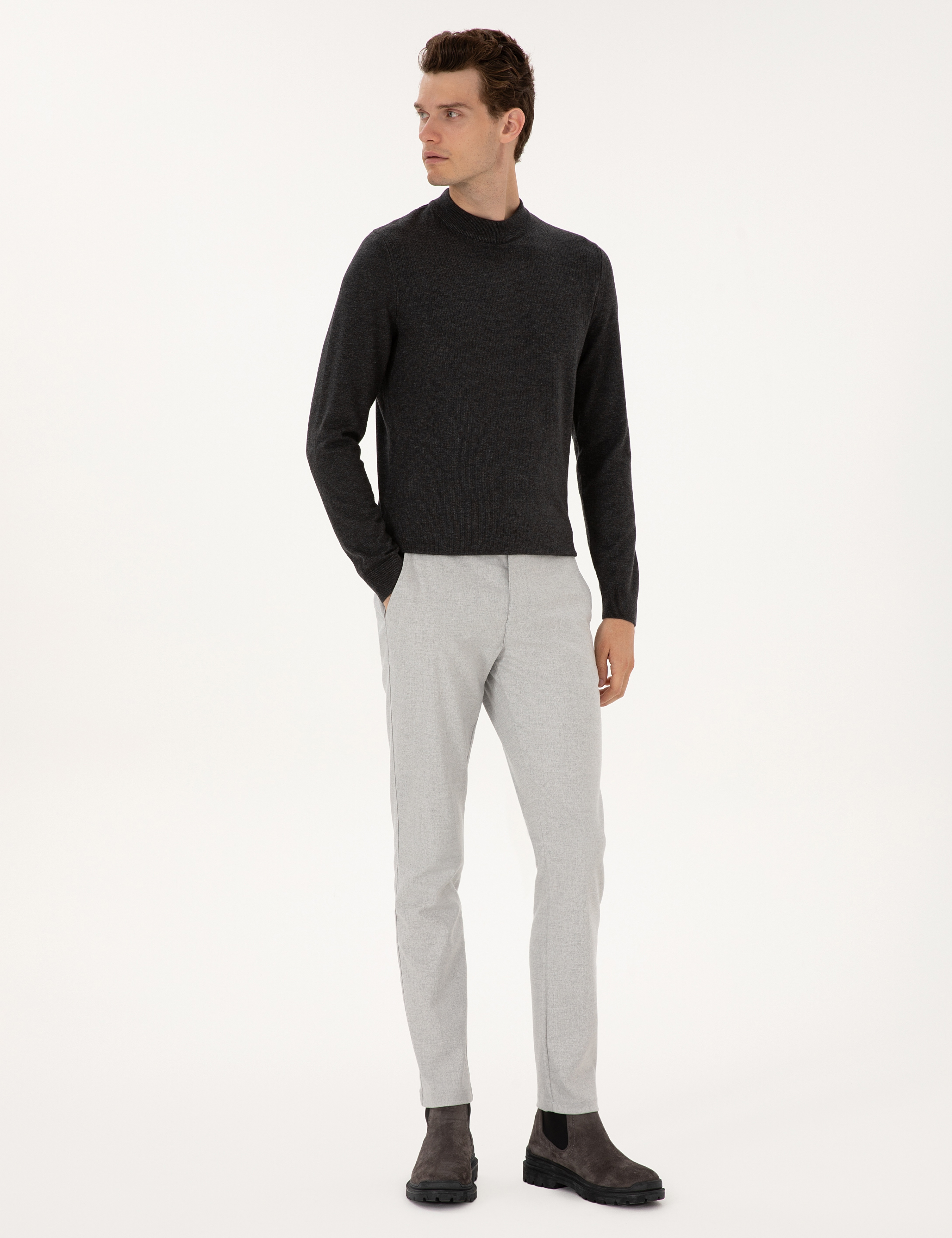 Gri Slim Fit Beli Lastikli Kanvas Pantolon