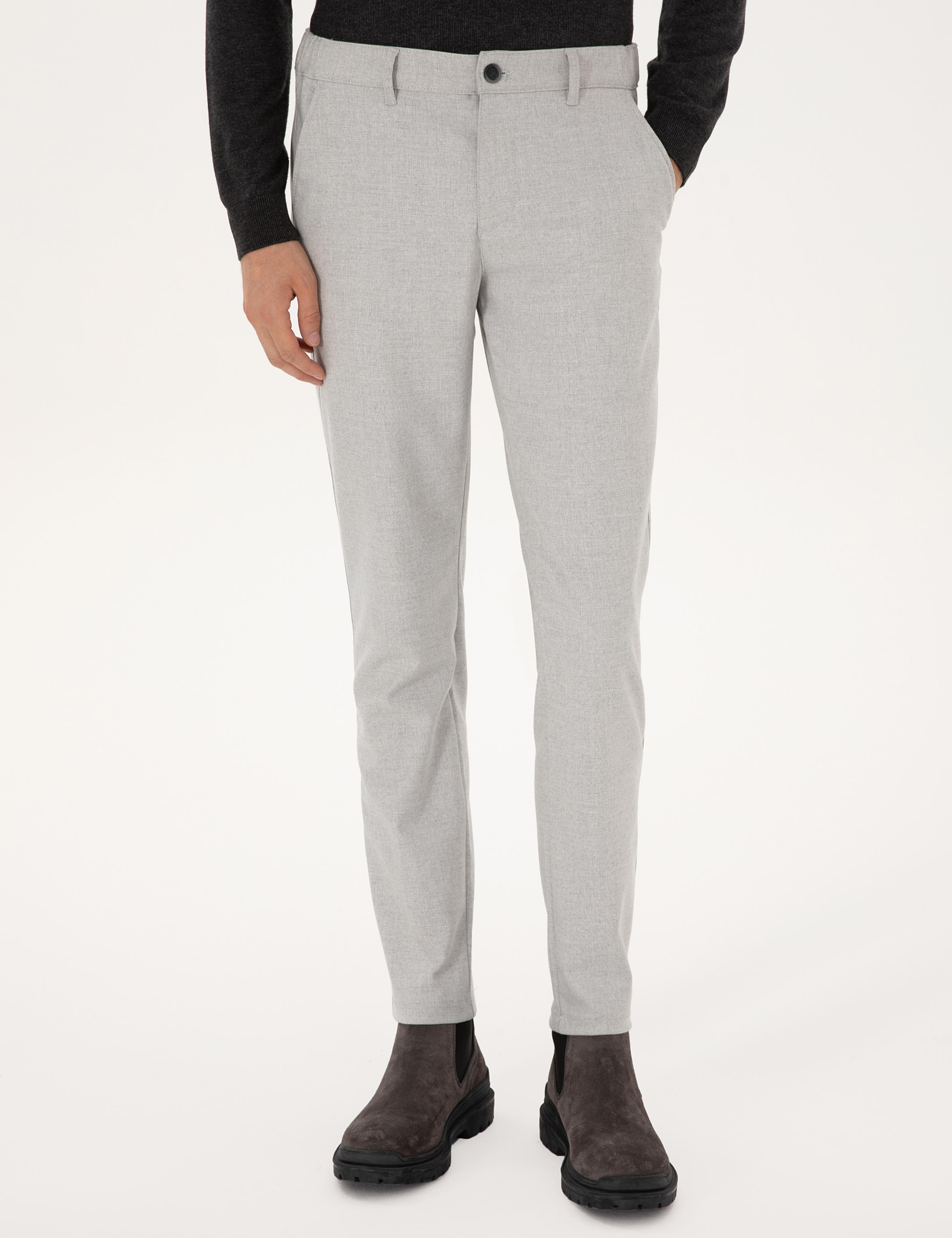 Gri Slim Fit Beli Lastikli Kanvas Pantolon