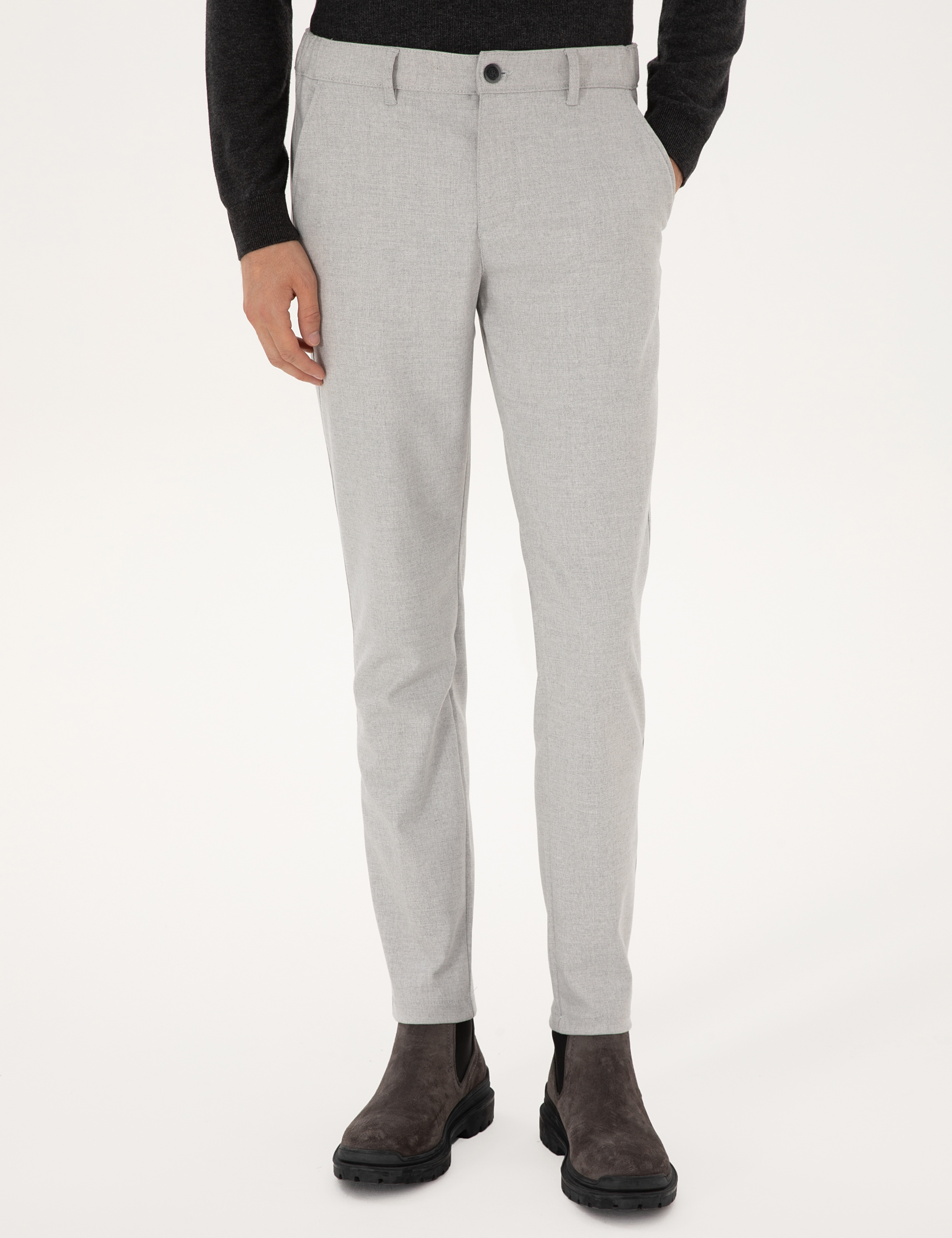 Gri Slim Fit Beli Lastikli Kanvas Pantolon - Image 2