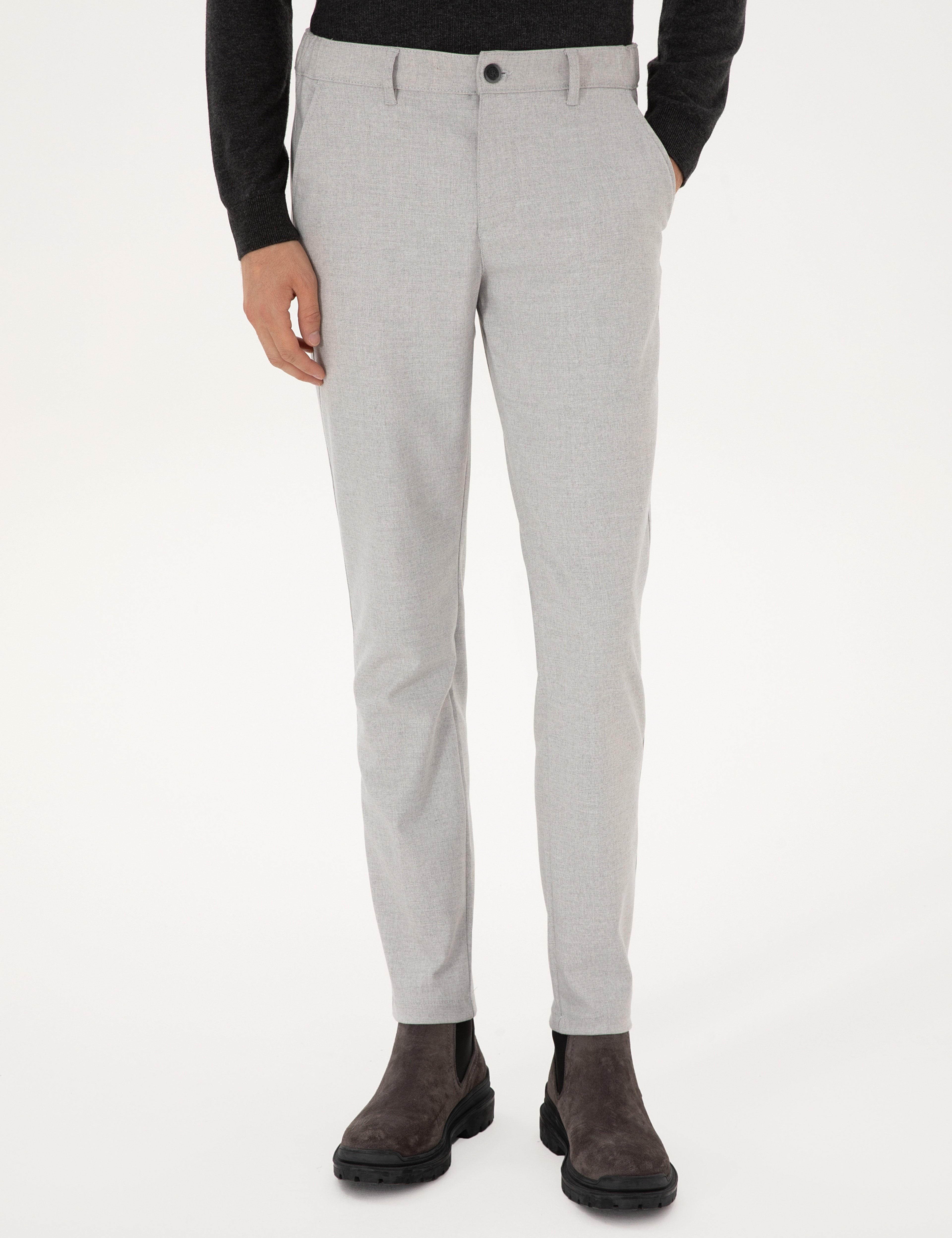 Gri Slim Fit Beli Lastikli Kanvas Pantolon