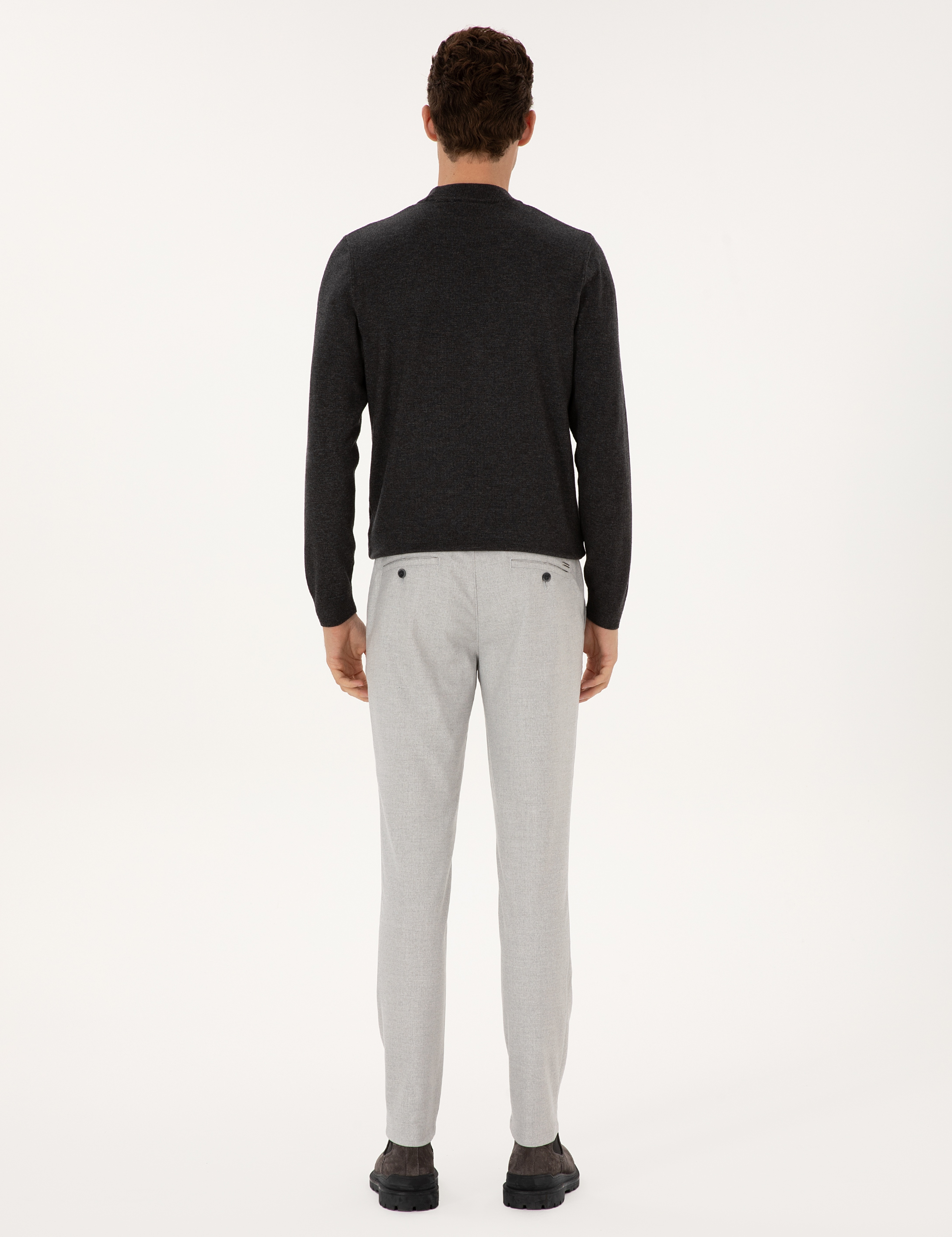 Gri Slim Fit Beli Lastikli Kanvas Pantolon - Image 4