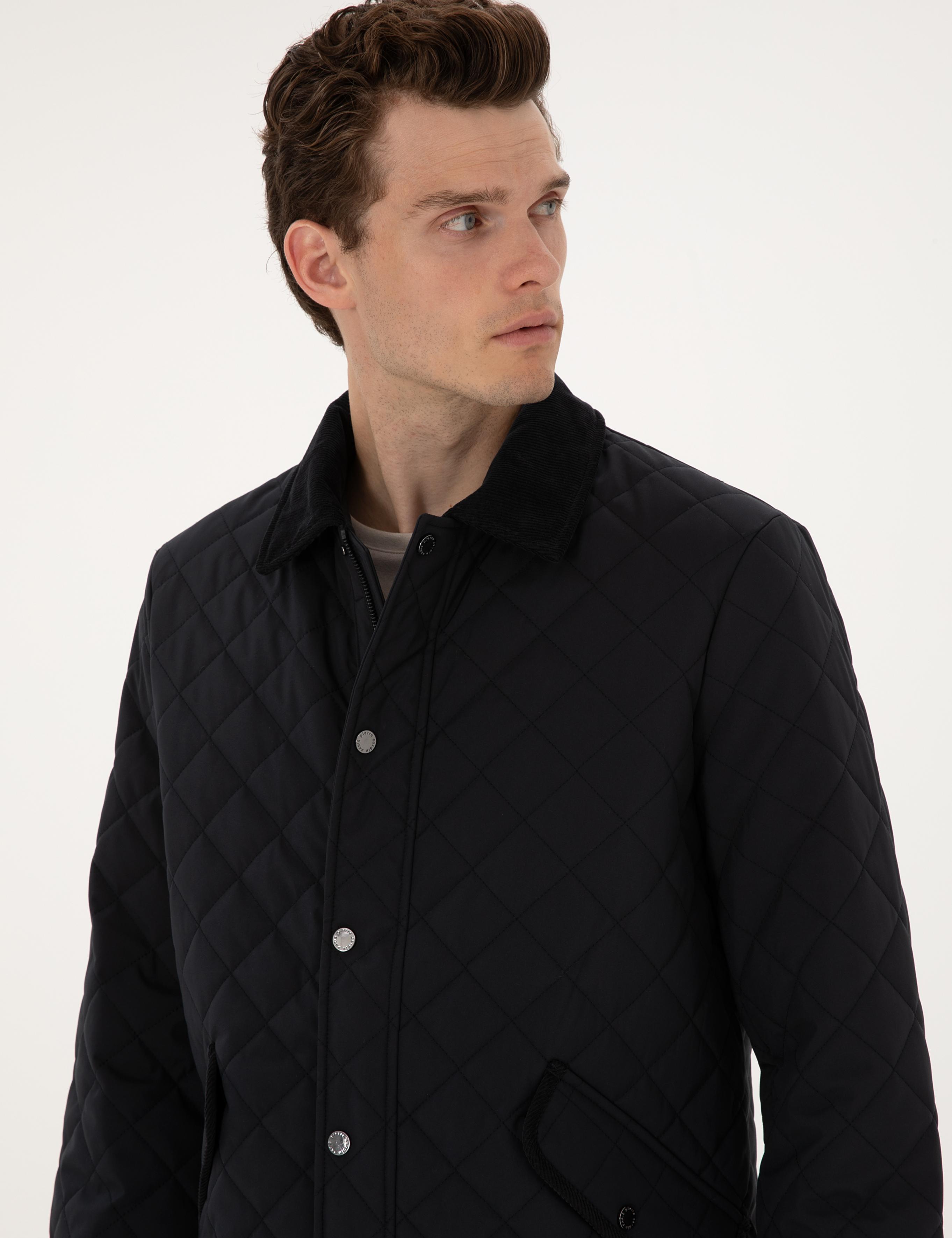 Lacivert Gömlek Yaka Kapitone Mont