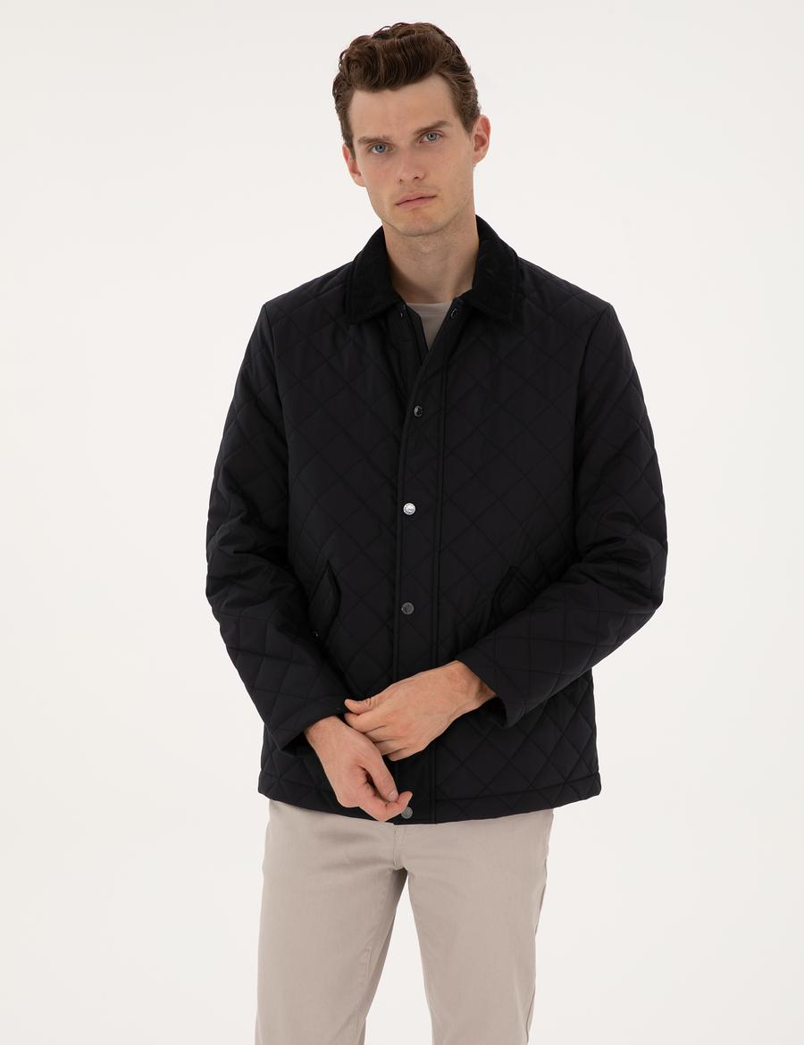 Lacivert Gömlek Yaka Kapitone Mont