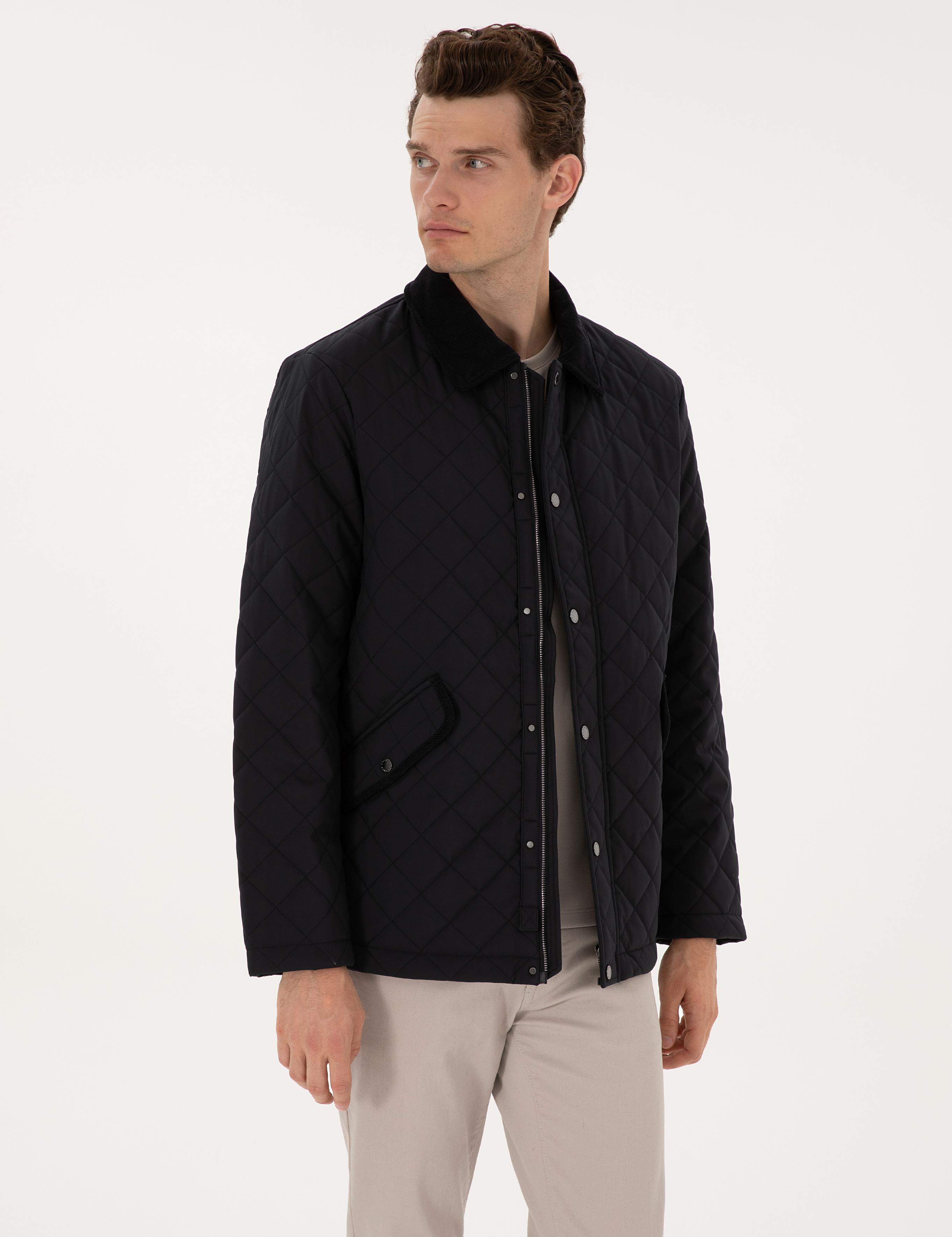 Lacivert Gömlek Yaka Kapitone Mont