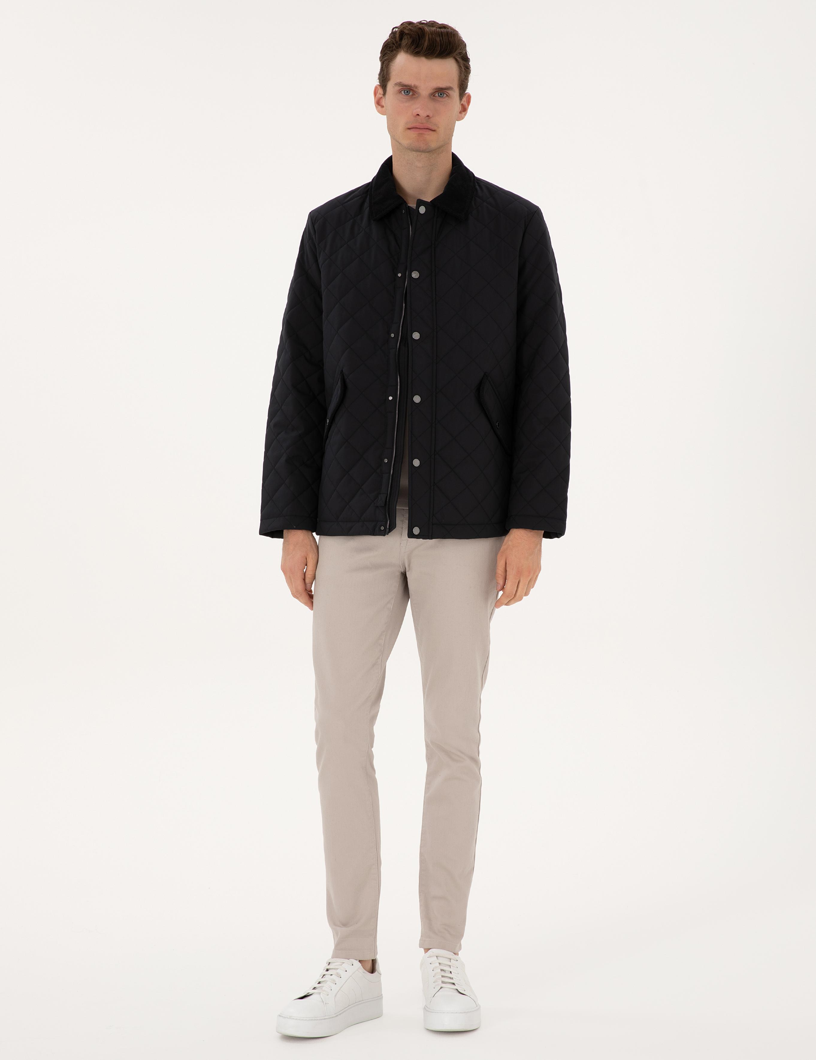 Lacivert Gömlek Yaka Kapitone Mont