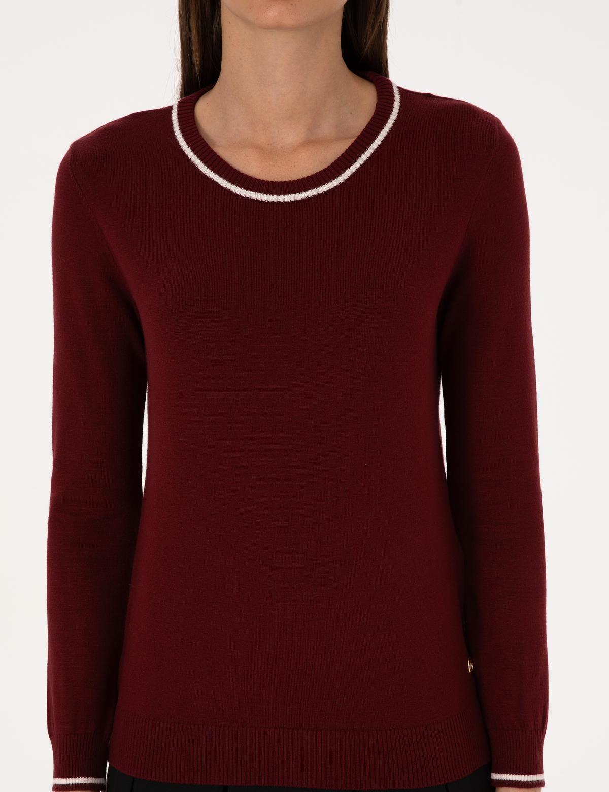 Vişne Slim Fit Çizgi Detaylı Basic Kazak - 50315910018