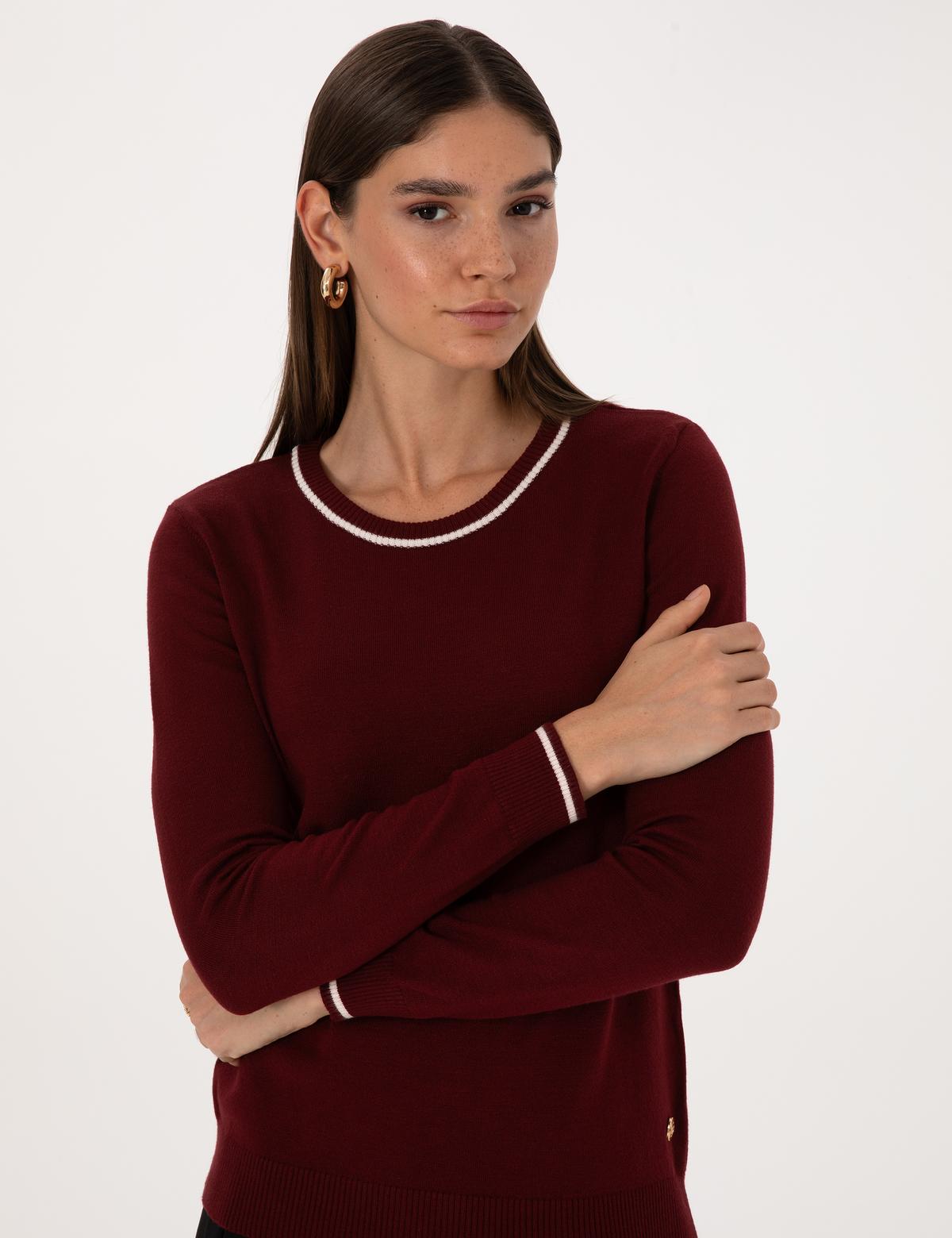 Vişne Slim Fit Çizgi Detaylı Basic Kazak - 50315910018