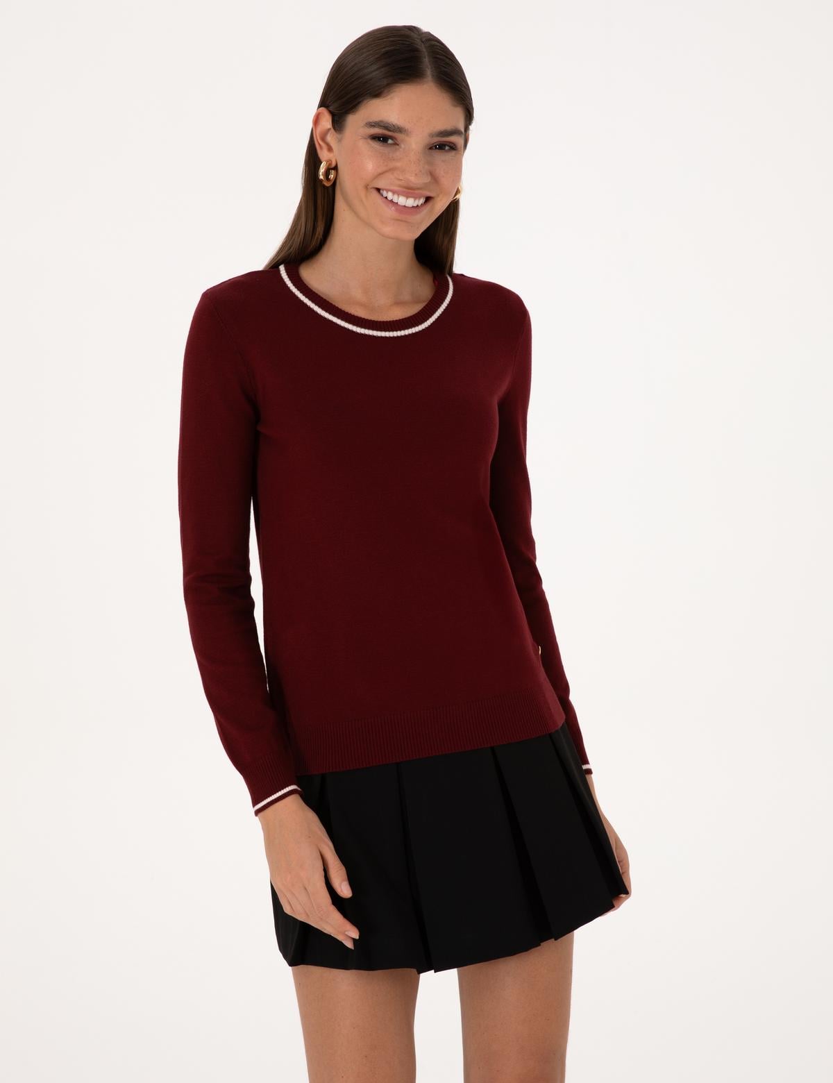 Vişne Slim Fit Çizgi Detaylı Basic Kazak - 50315910018