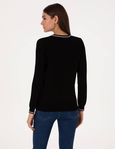 Siyah Slim Fit Çizgi Detaylı Basic Kazak