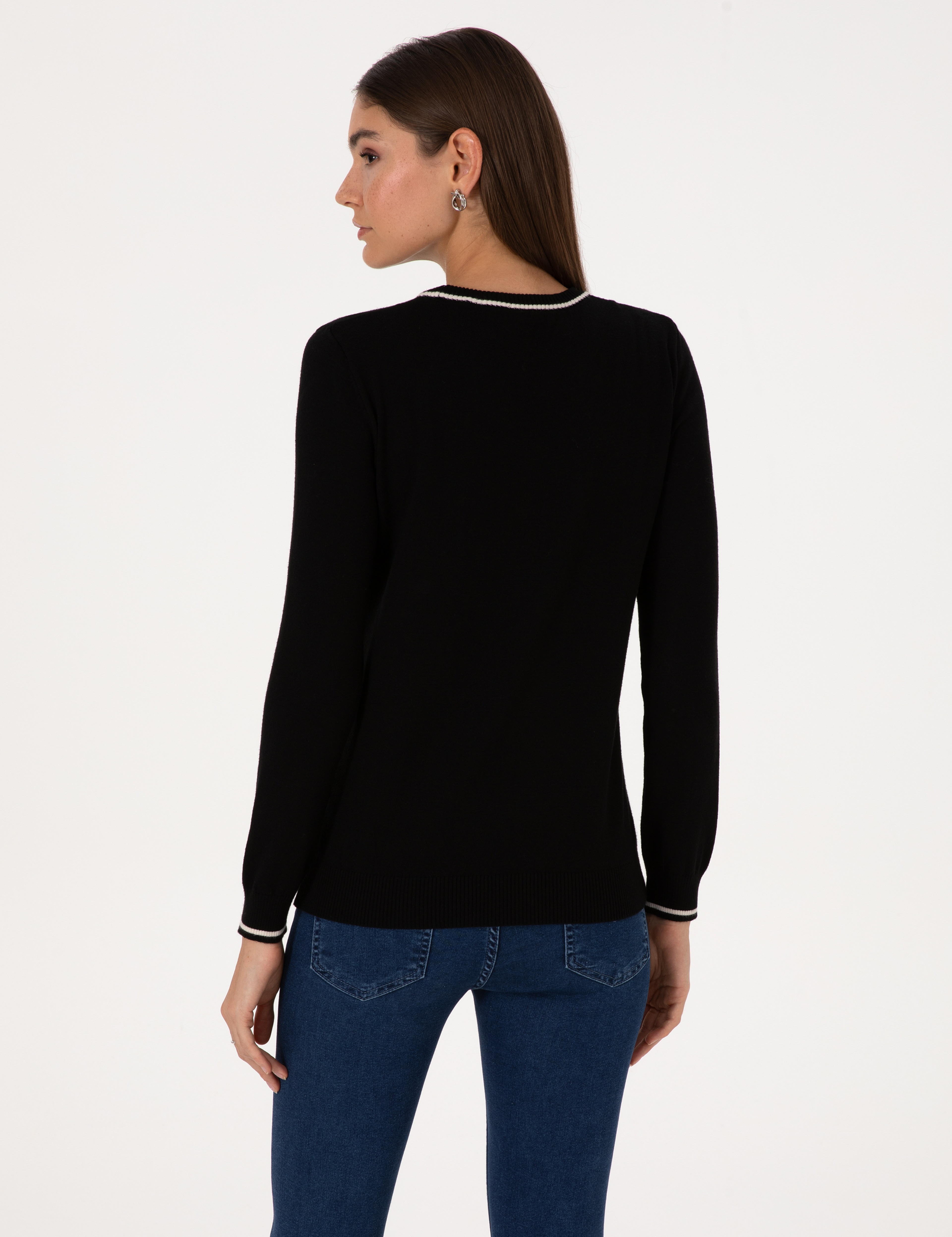 Siyah Slim Fit Çizgi Detaylı Basic Kazak - Image 5