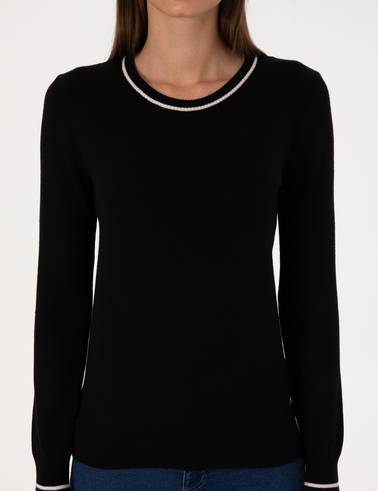 Siyah Slim Fit Çizgi Detaylı Basic Kazak