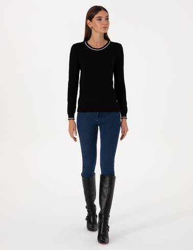 Siyah Slim Fit Çizgi Detaylı Basic Kazak