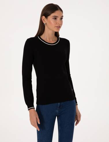 Siyah Slim Fit Çizgi Detaylı Basic Kazak