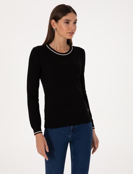 Siyah Slim Fit Çizgi Detaylı Basic Kazak - 50315910004