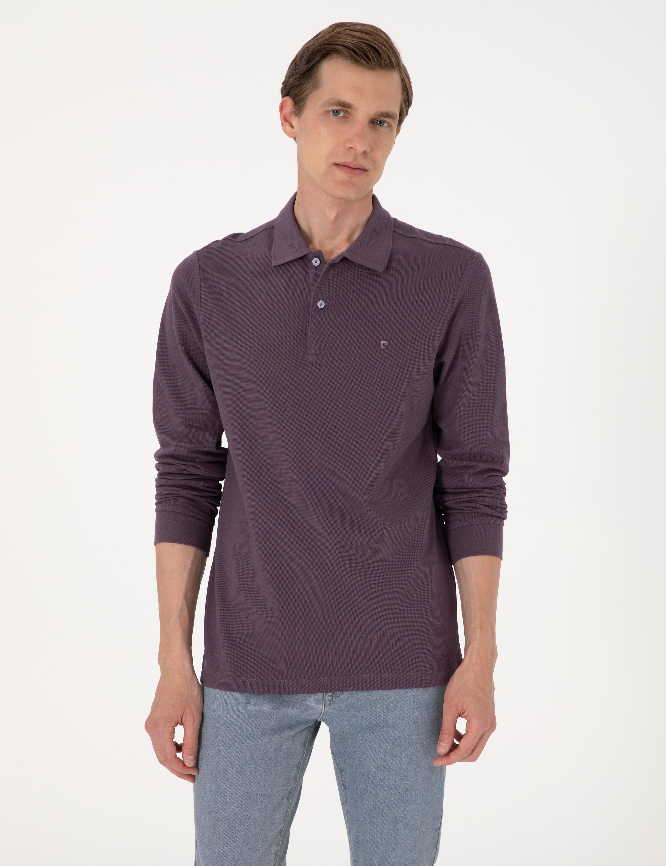 Mor Slim Fit Kıvrılmaz Polo Yaka Basic Pike Sweatshirt