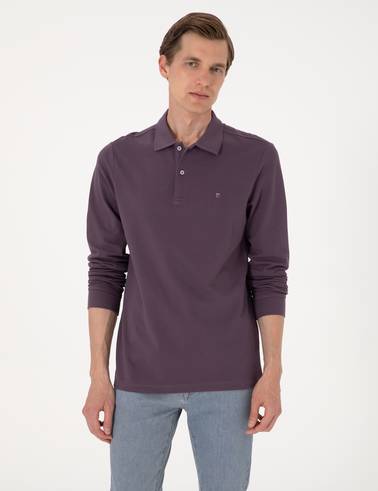 Mor Slim Fit Kıvrılmaz Polo Yaka Basic Pike Sweatshirt