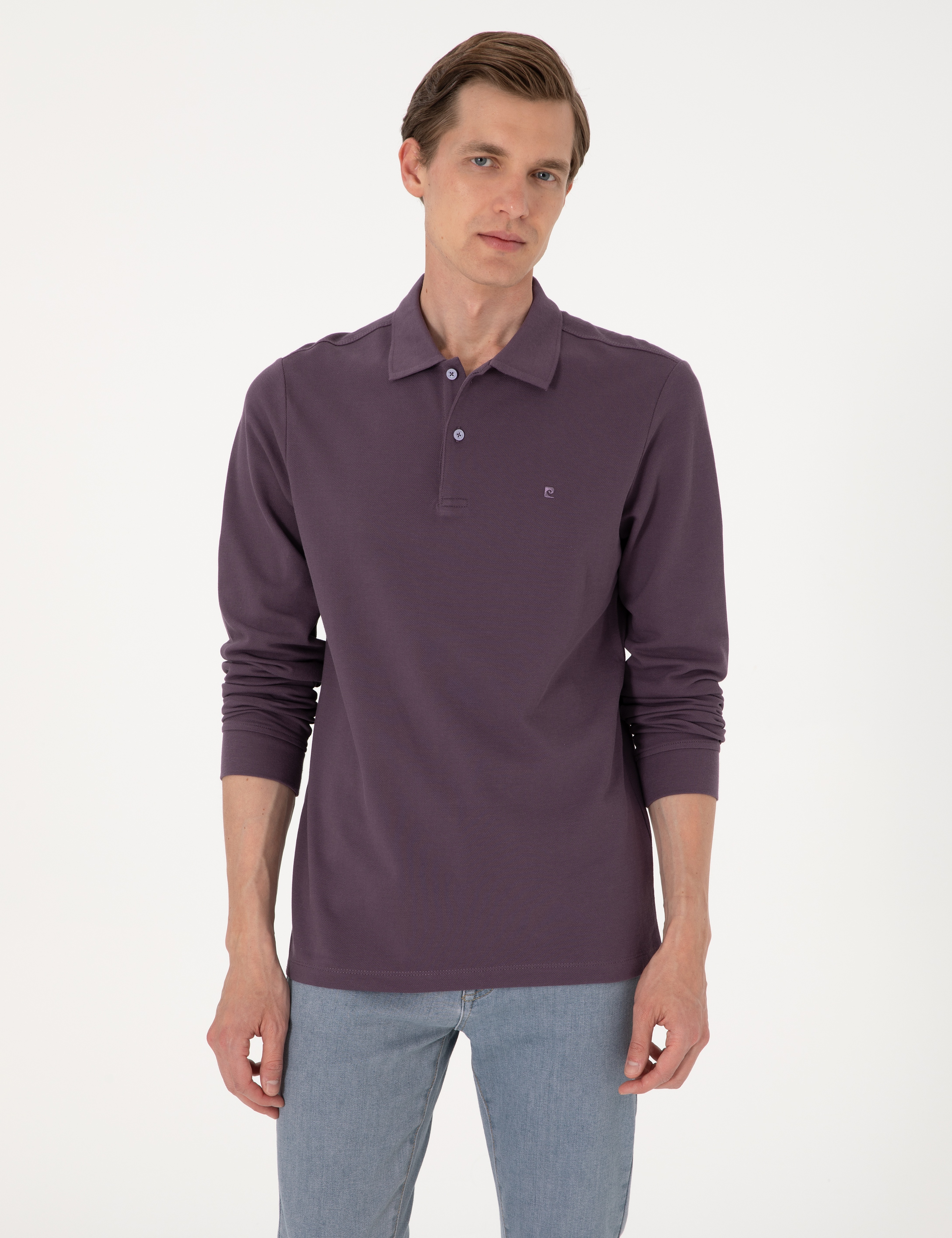 Mor Slim Fit Kıvrılmaz Polo Yaka Basic Pike Sweatshirt - Image 3