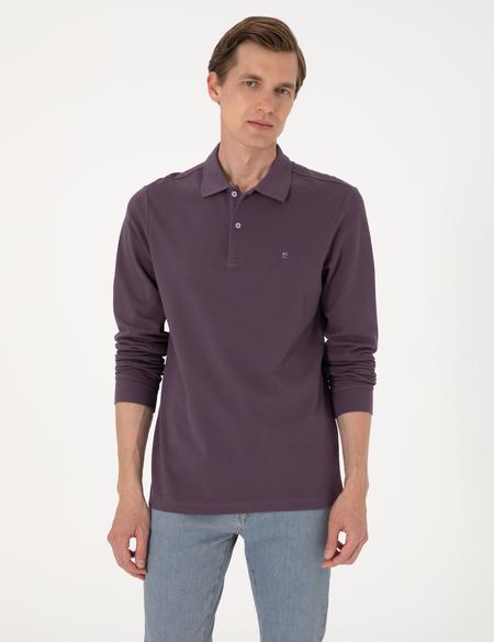Mor Slim Fit Kıvrılmaz Polo Yaka Basic Pike Sweatshirt - 50314048113