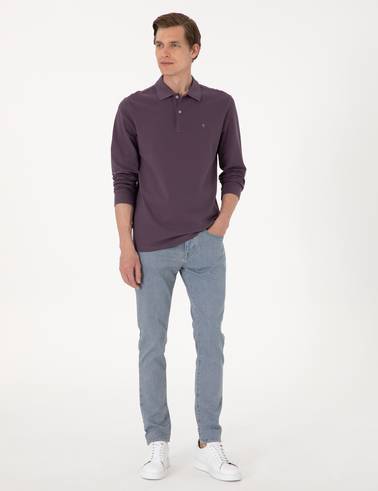 Mor Slim Fit Kıvrılmaz Polo Yaka Basic Pike Sweatshirt
