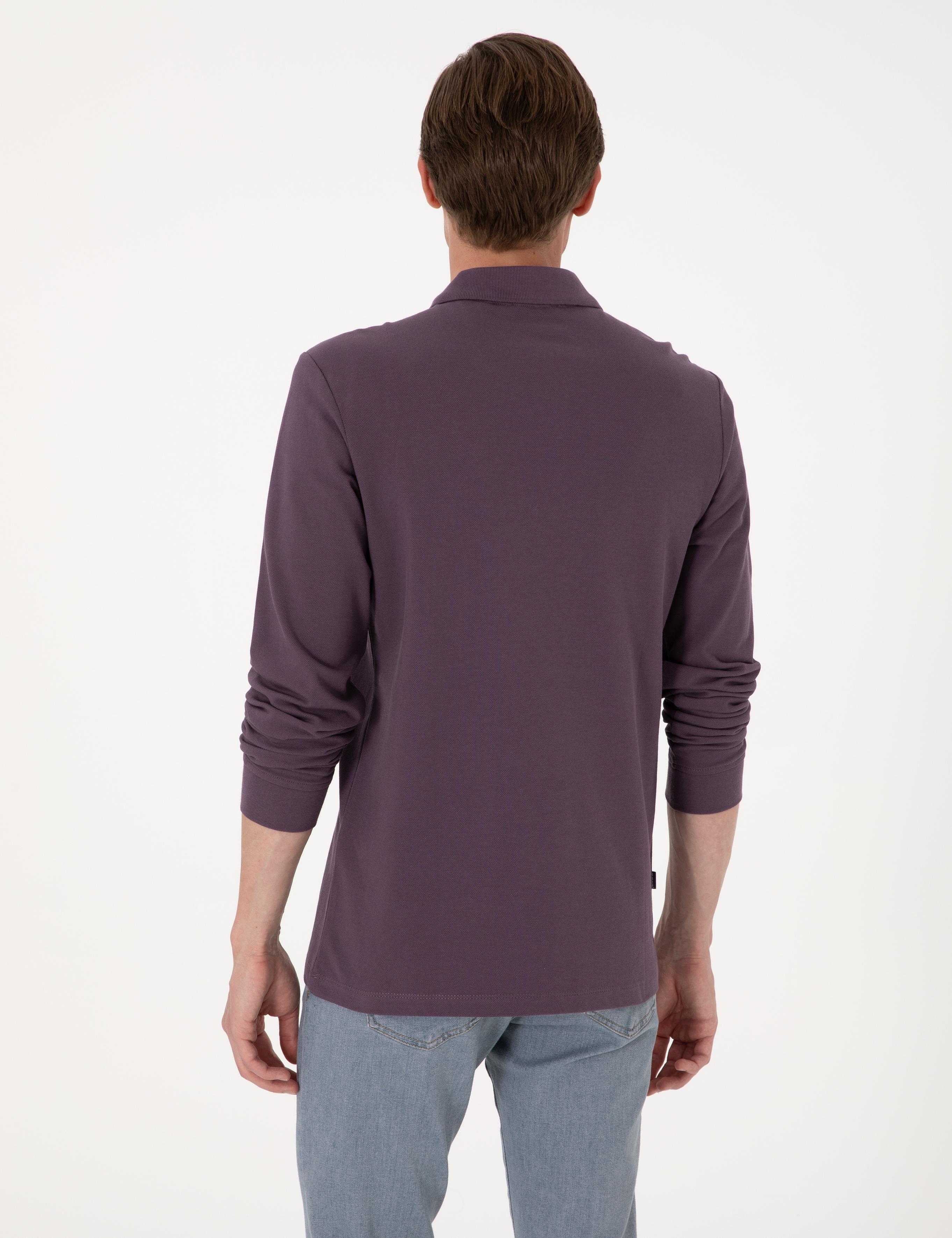 Mor Slim Fit Kıvrılmaz Polo Yaka Basic Pike Sweatshirt