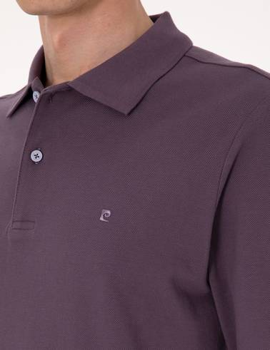 Mor Slim Fit Kıvrılmaz Polo Yaka Basic Pike Sweatshirt