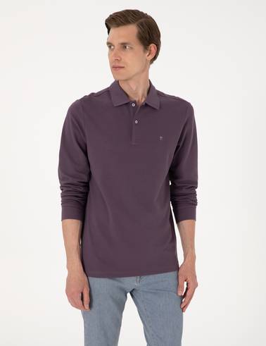 Mor Slim Fit Kıvrılmaz Polo Yaka Basic Pike Sweatshirt